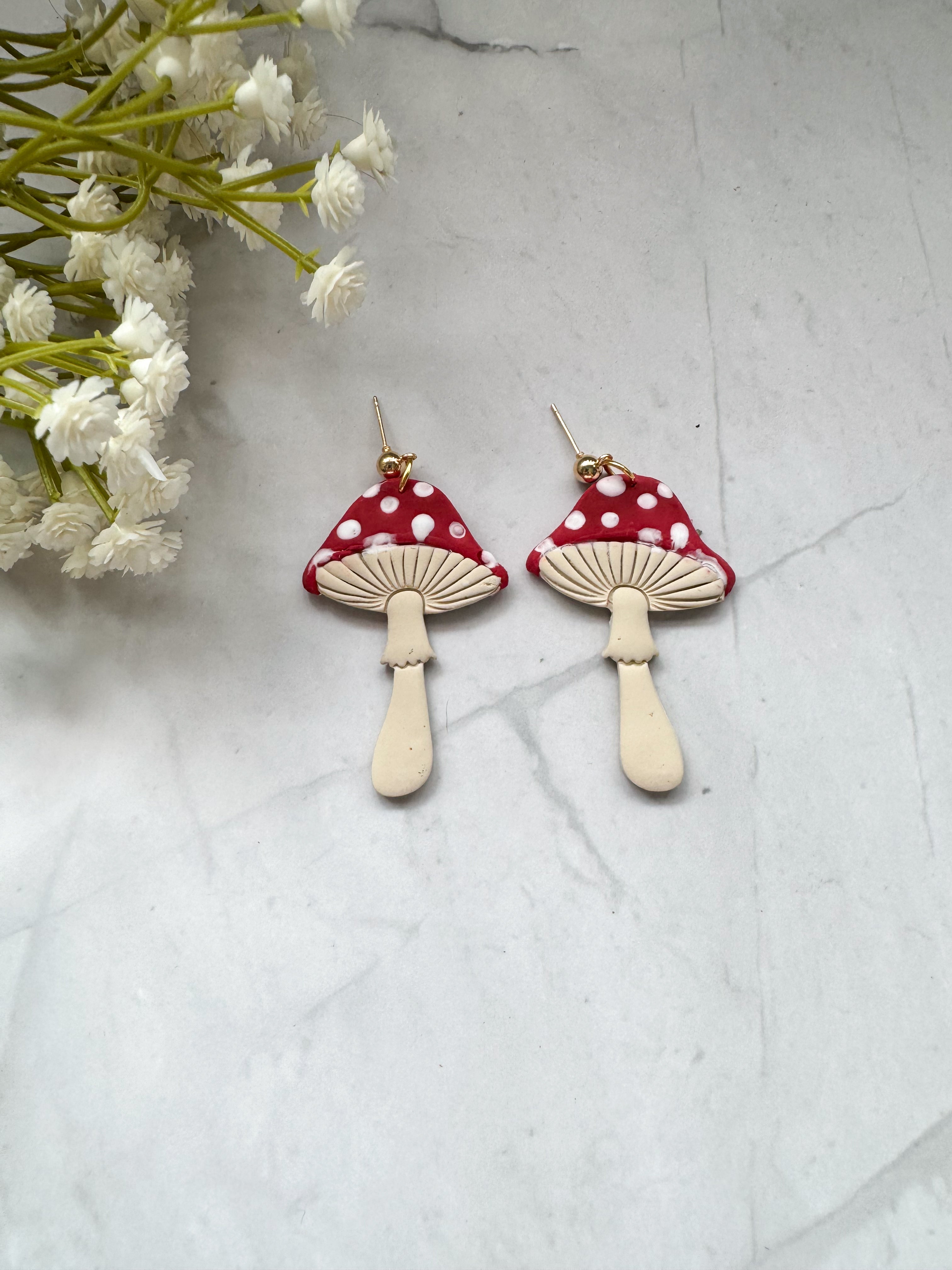 Tall Red Mushroom Clay Earrings