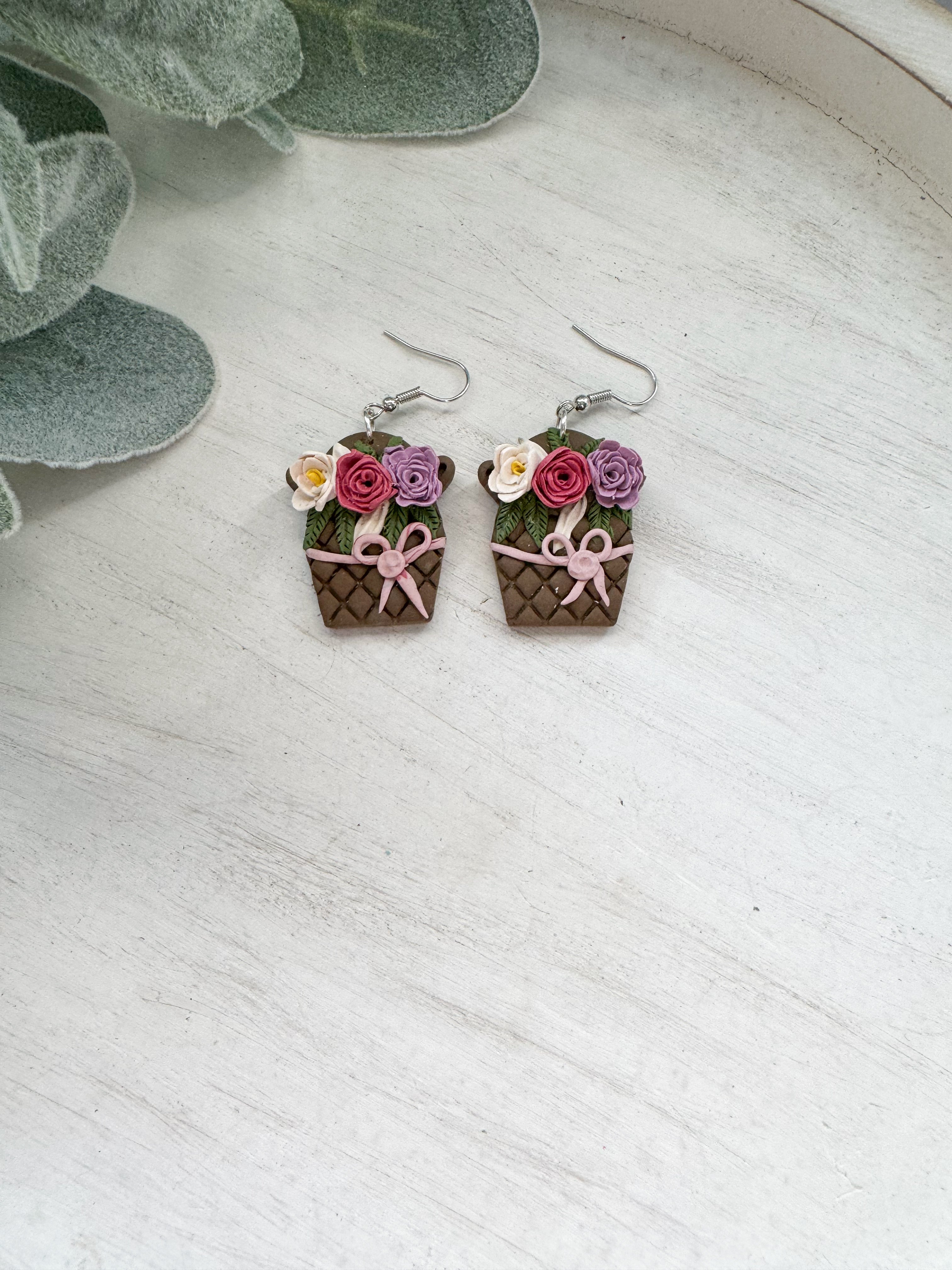 Floral Basket Clay Earrings