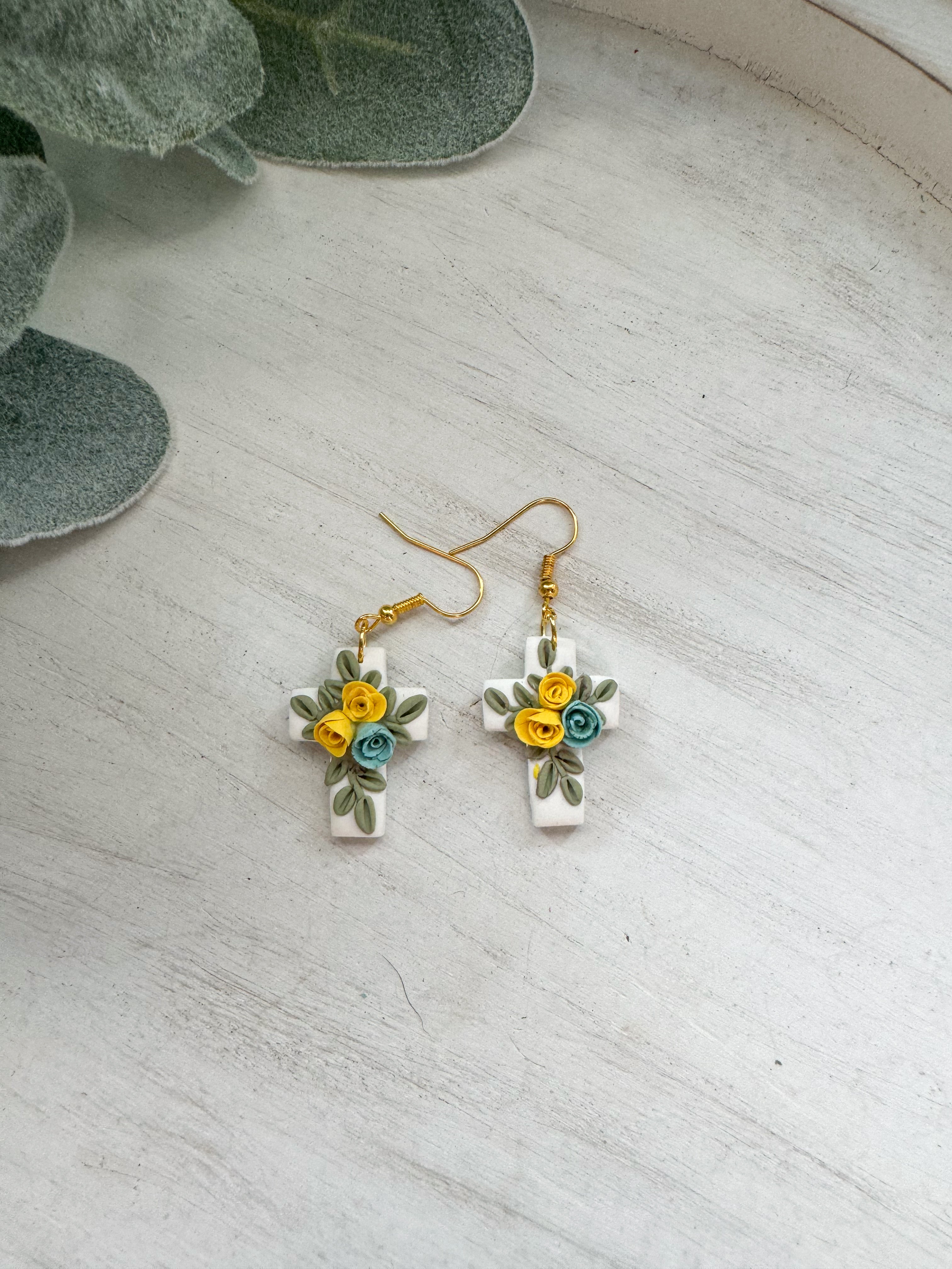 Floral Cross Clay Earrings