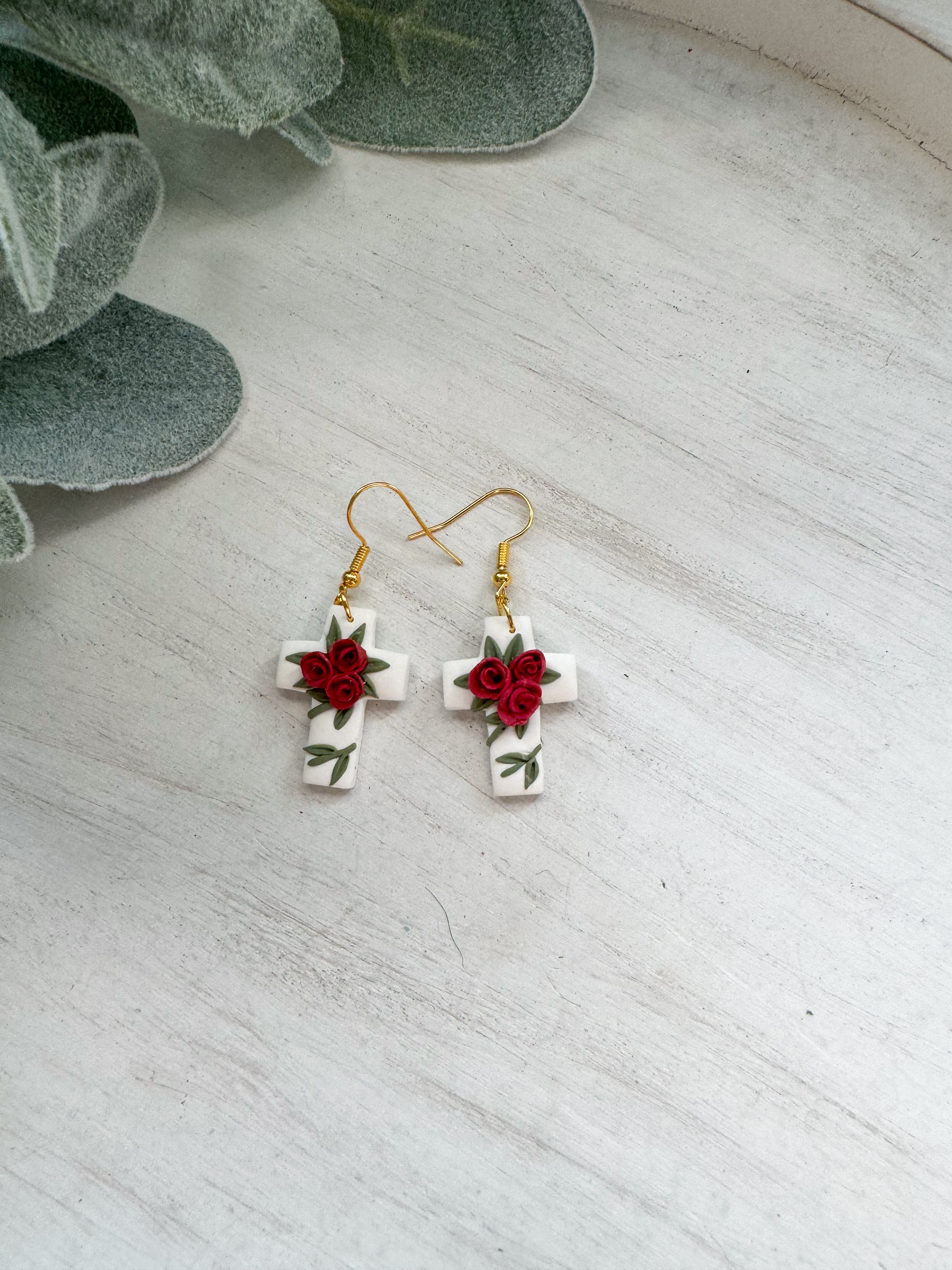 Floral Cross Clay Earrings