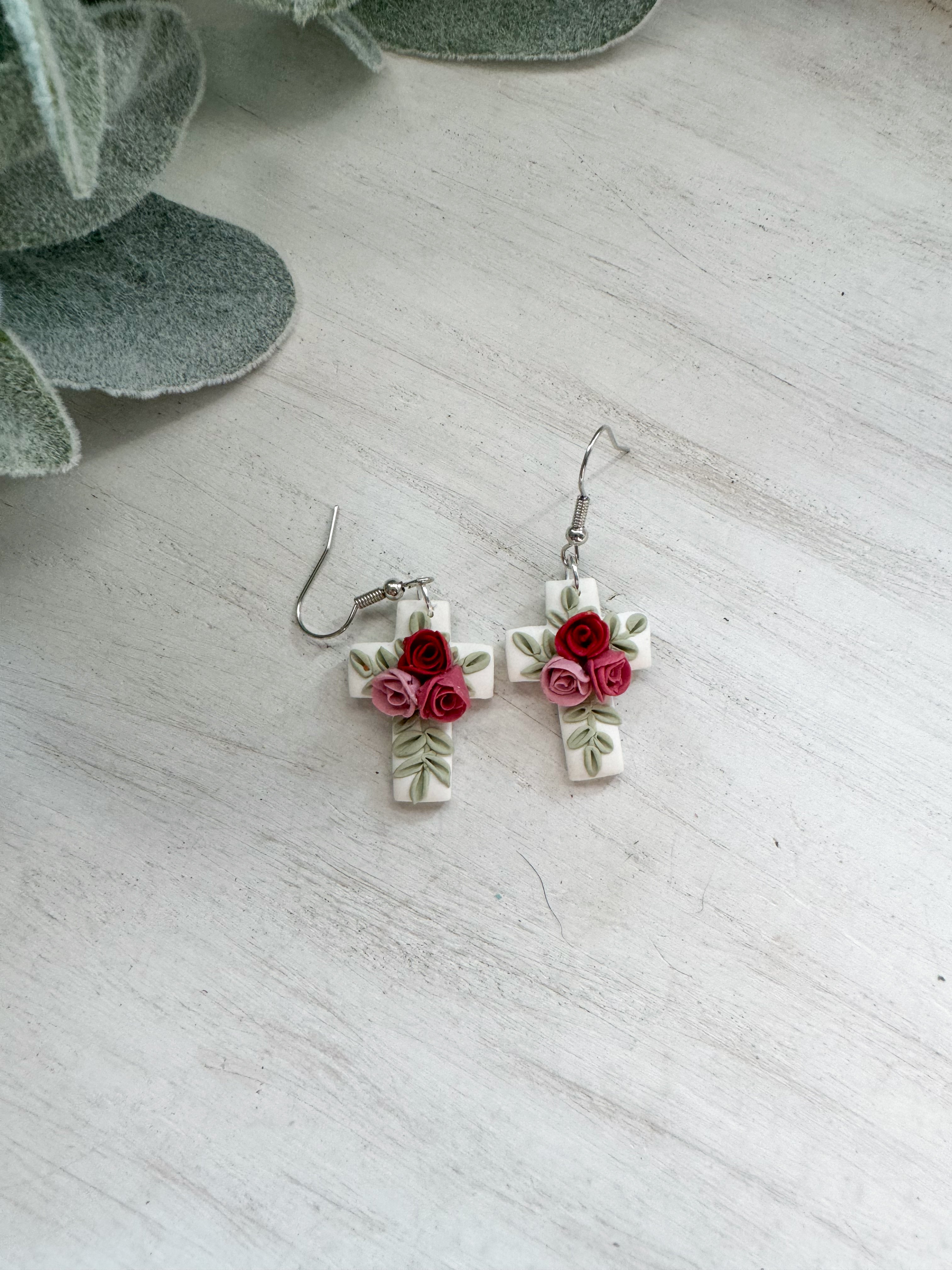 Floral Cross Clay Earrings