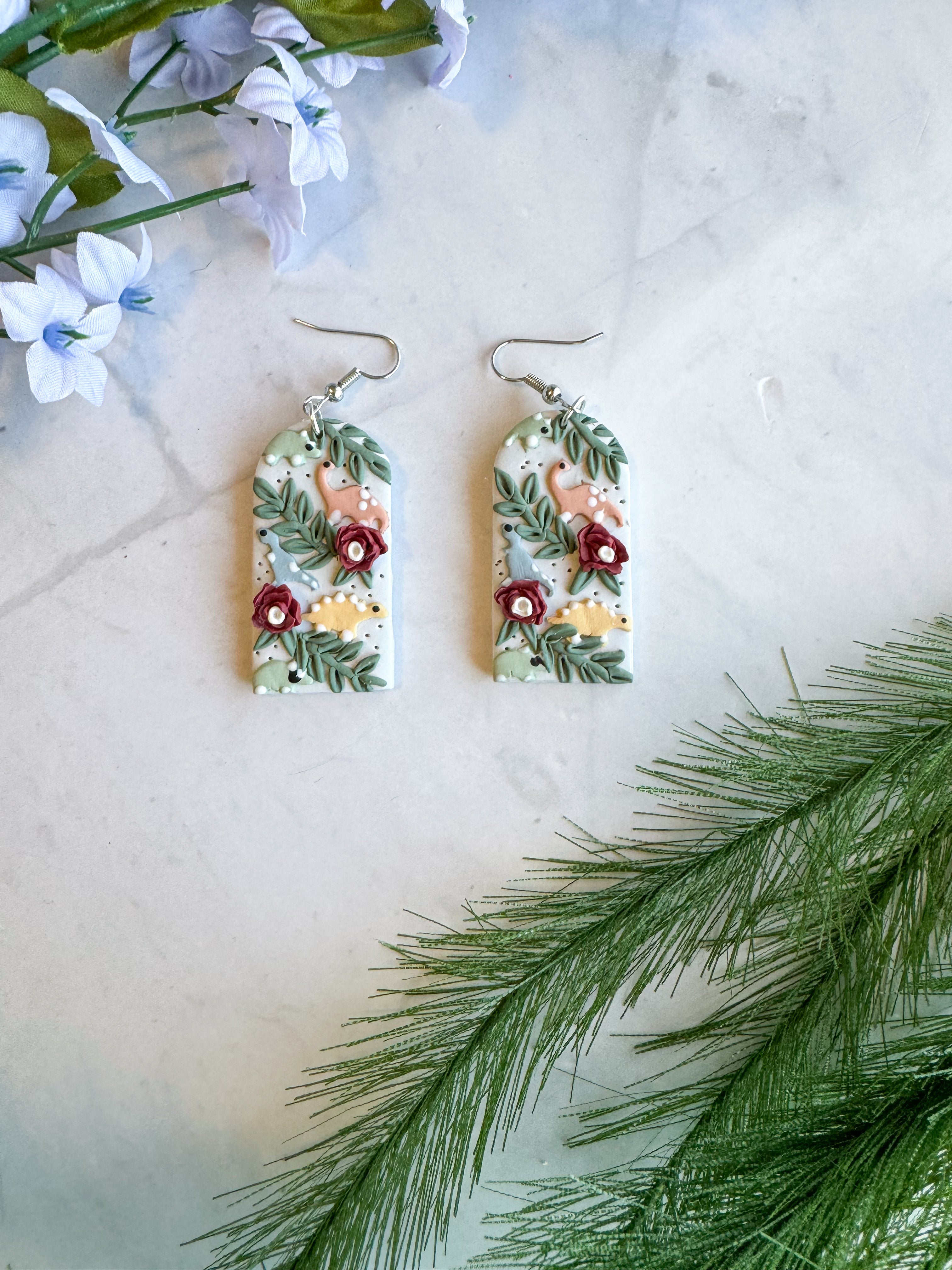 Dino Collage Clay Earrings
