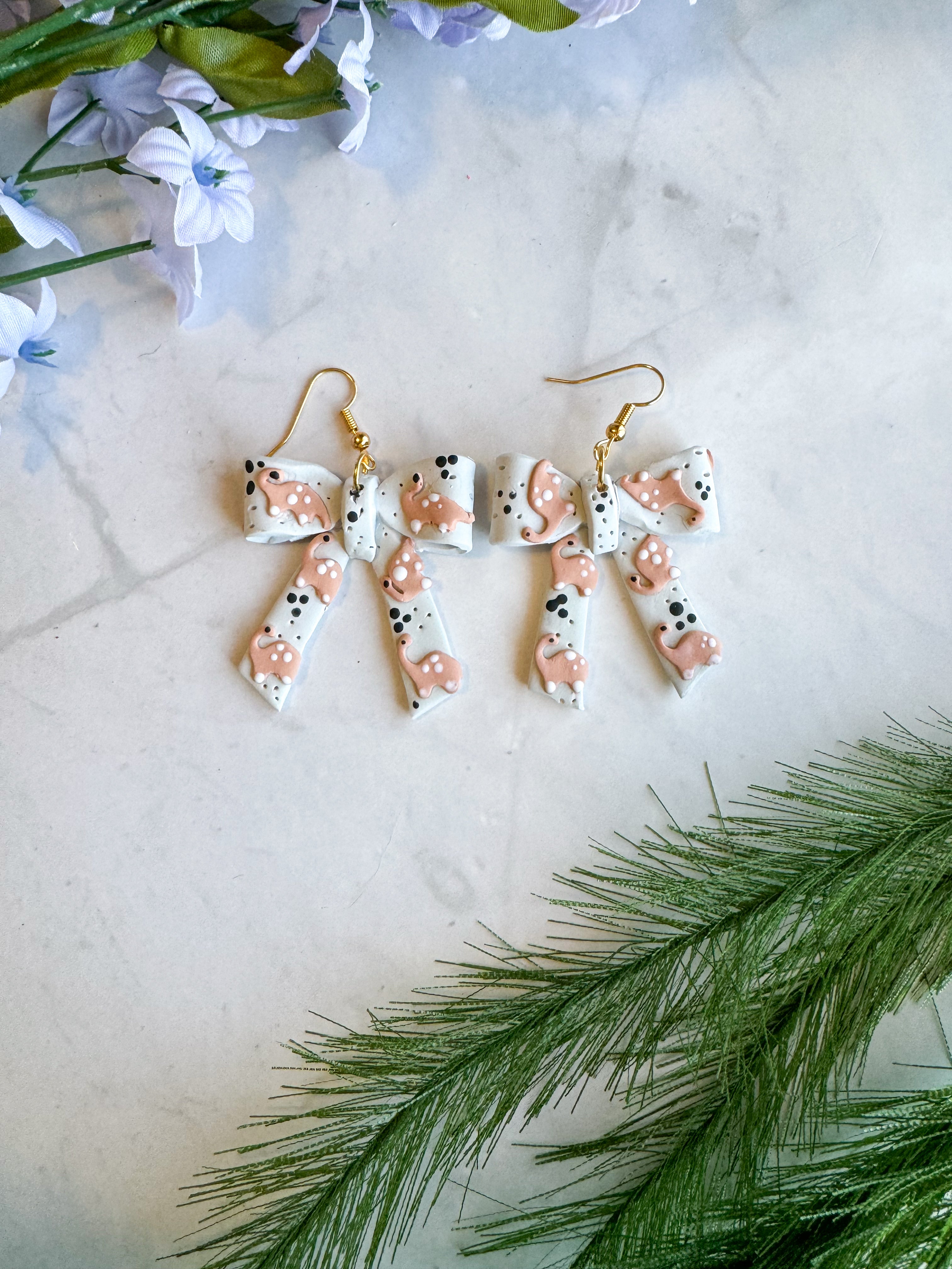 Peach Dino Bow Clay Earrings