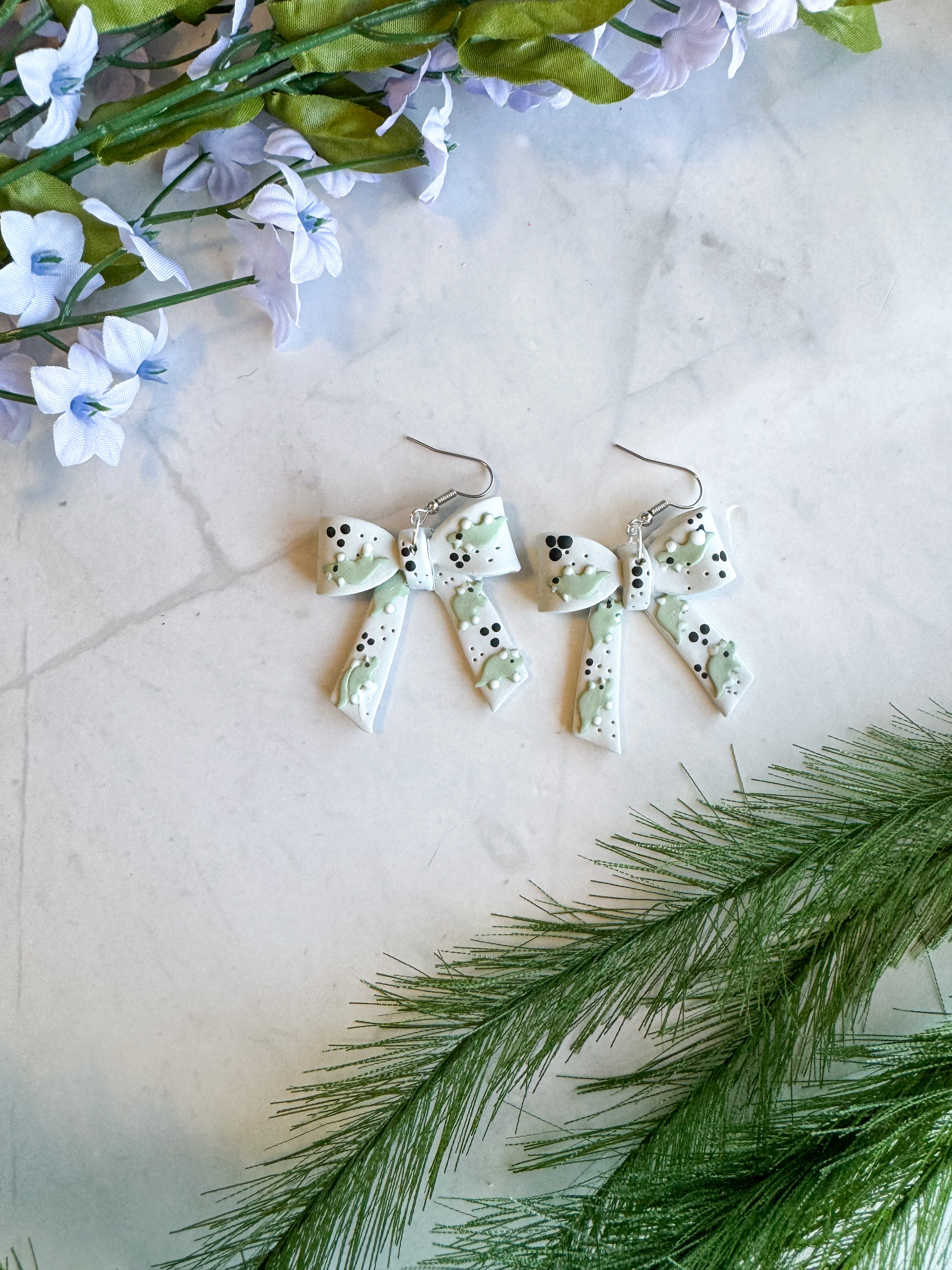 Green Dino Bow Clay Earrings