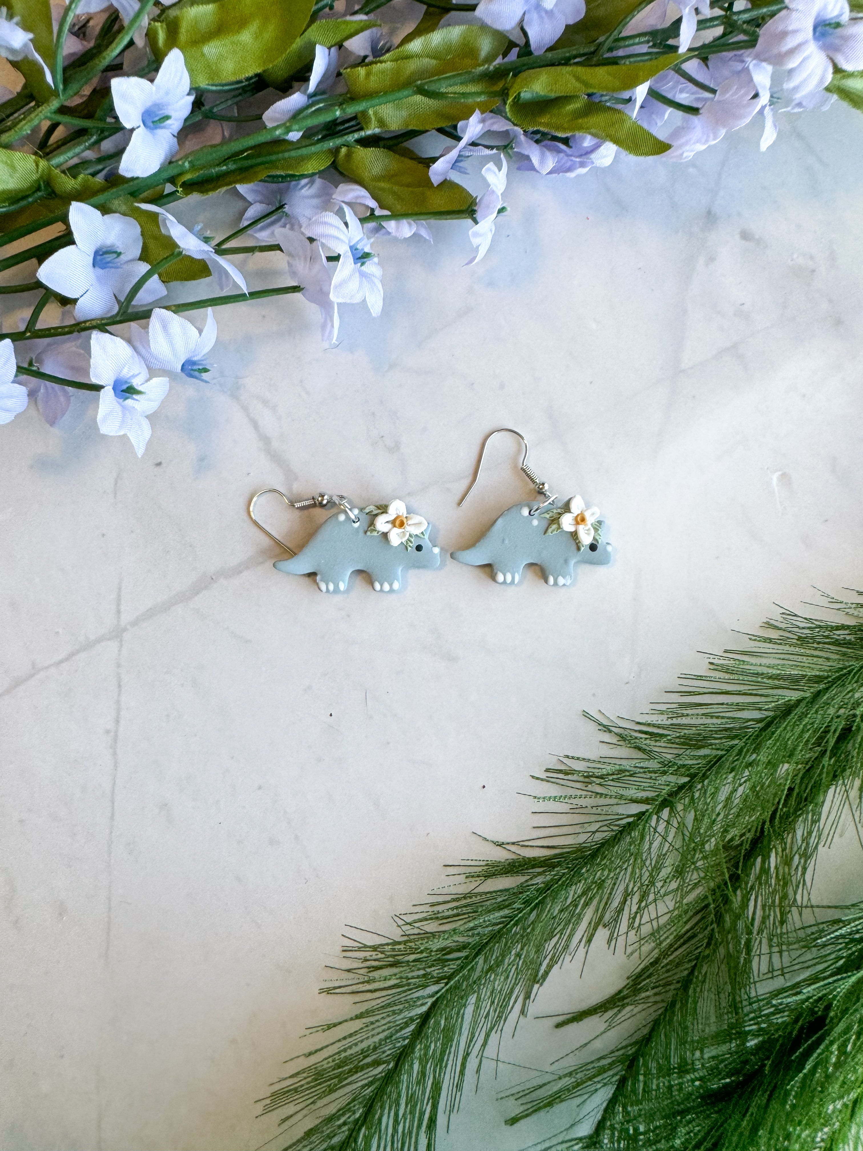 Blue Triceratops Clay Earrings