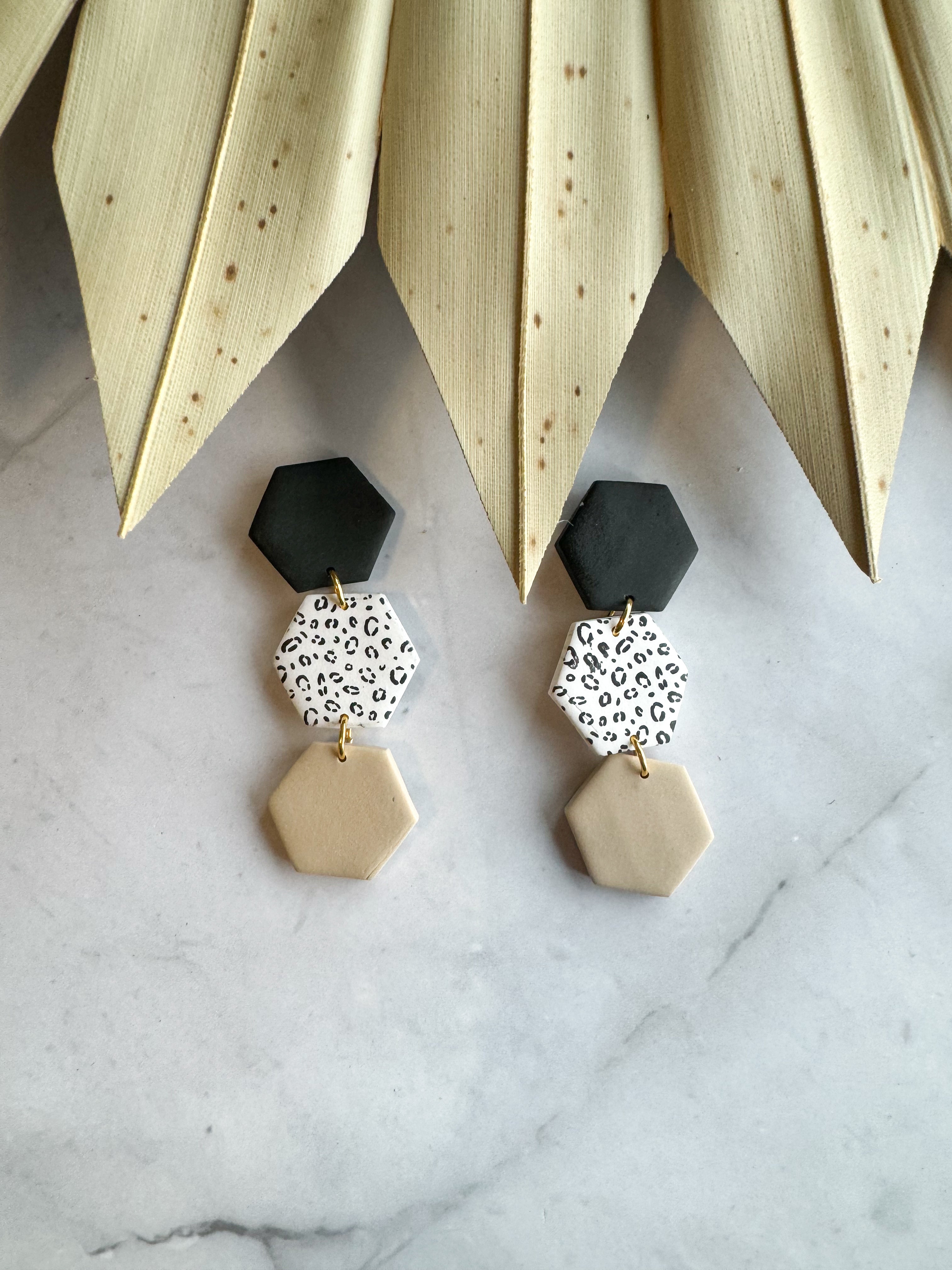 Hexagon Tiered Stud Clay Earrings