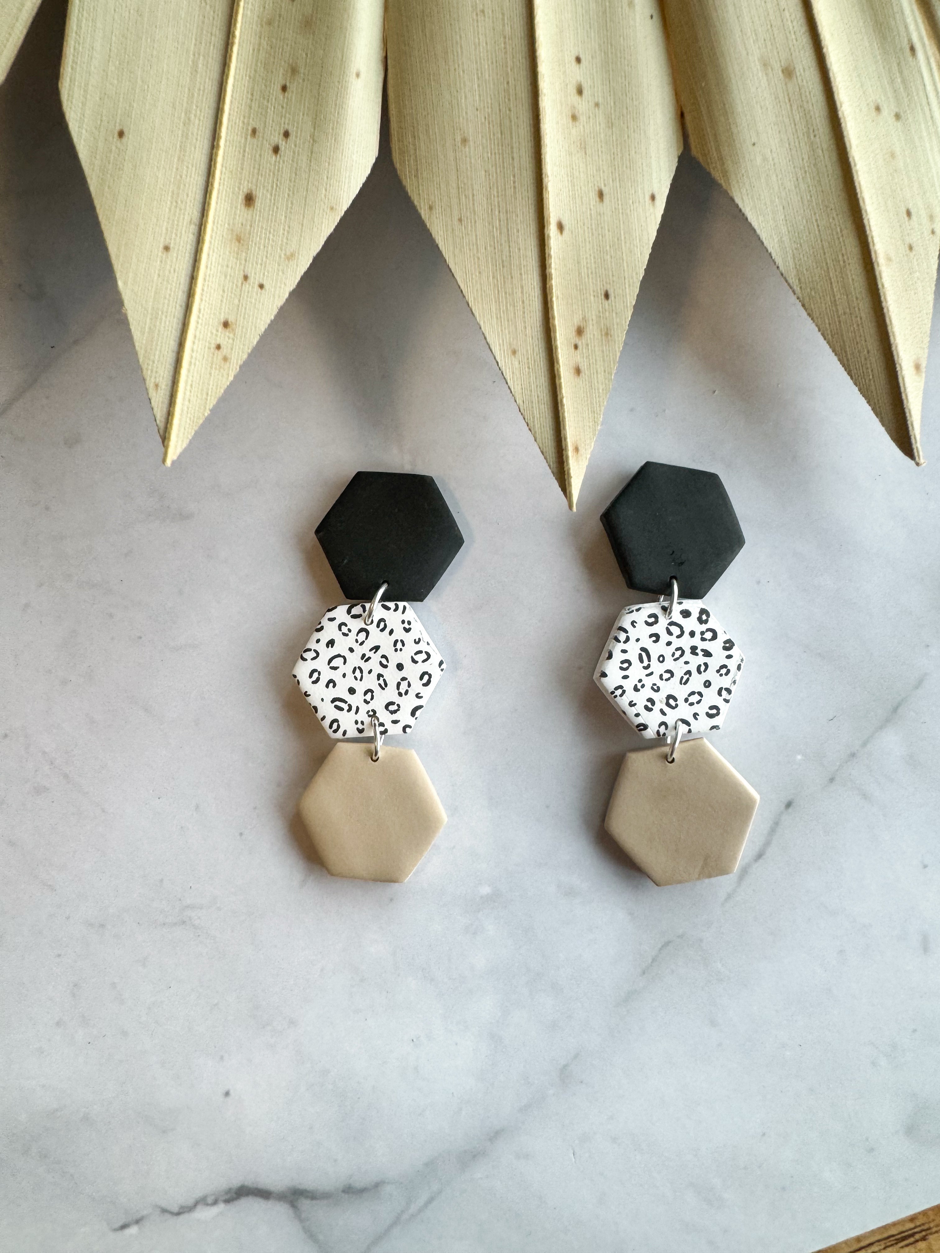 Hexagon Tiered Stud Clay Earrings