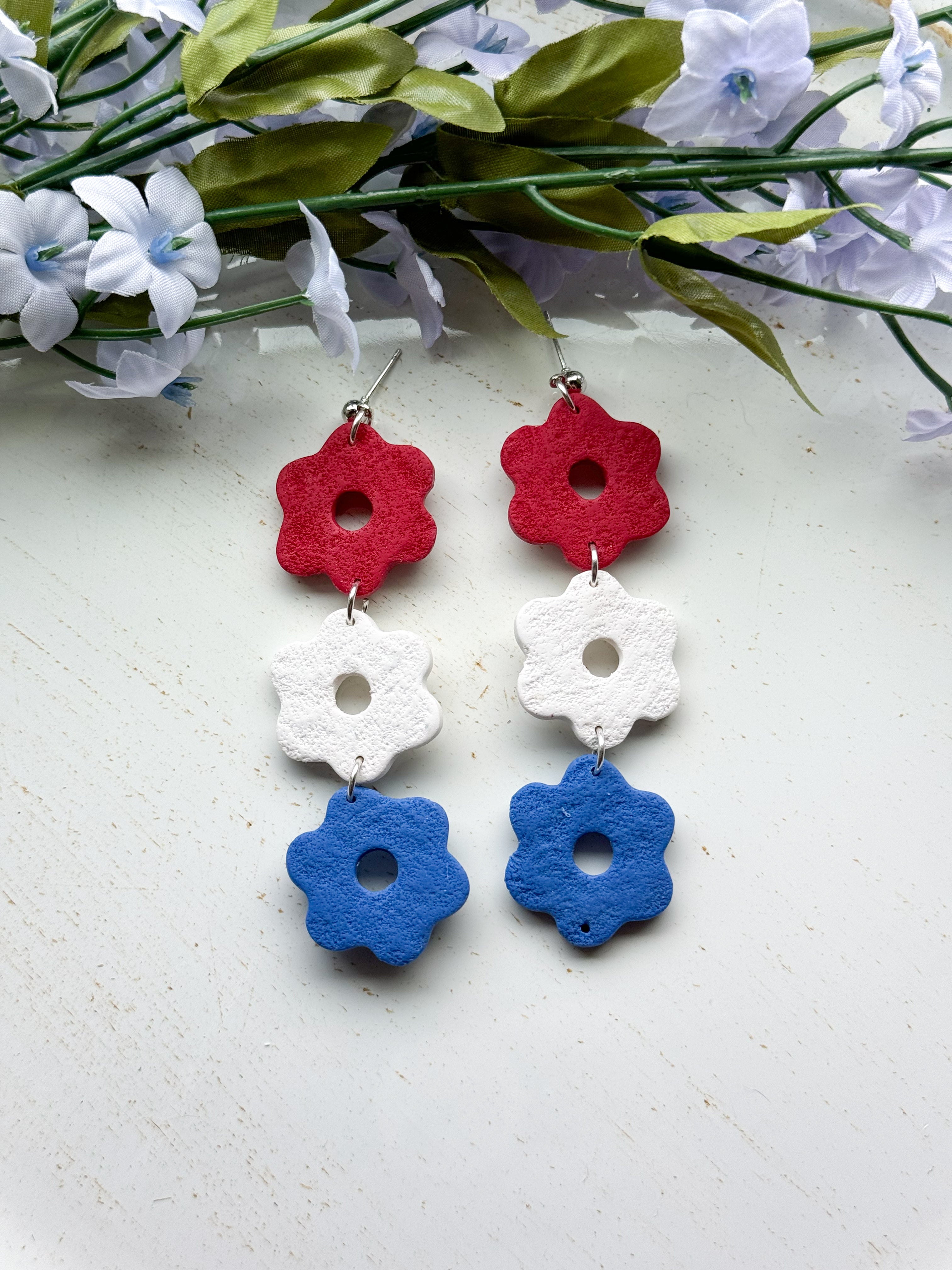Red, White and Blue Flowers Clay Earrings