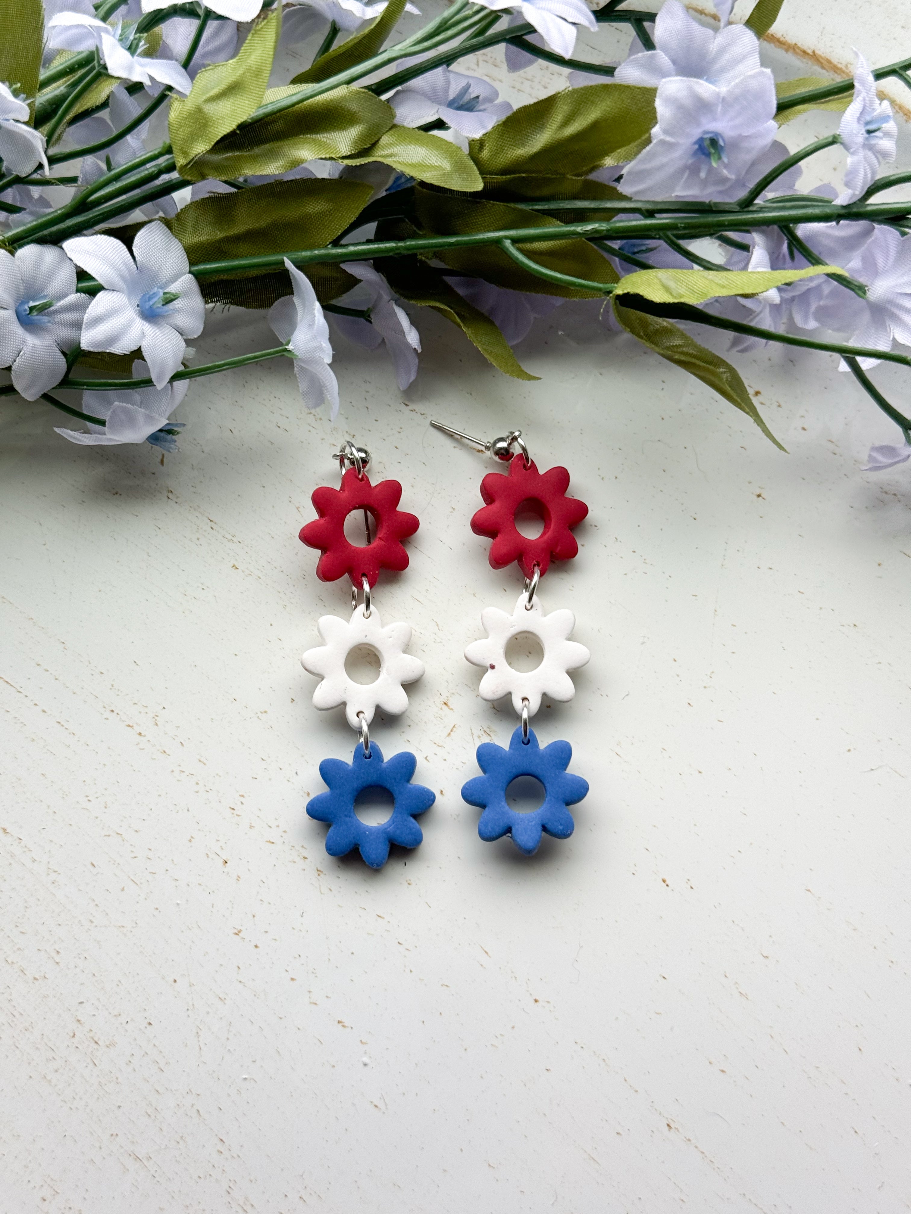 Red, White , and Blue Small Flower Clay Earrings