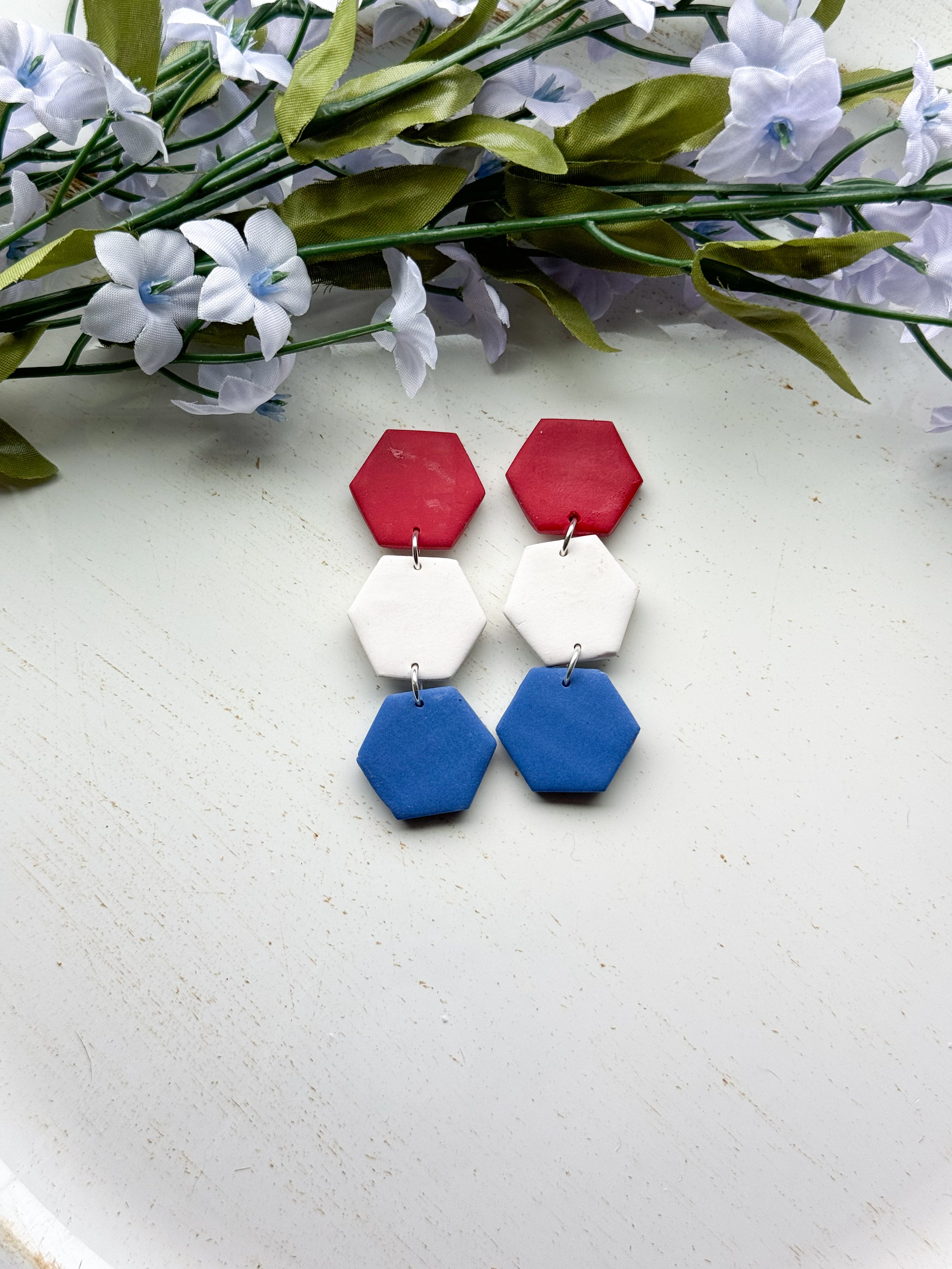 RED, WHITE, BLUE Hexagon Clay Earrings