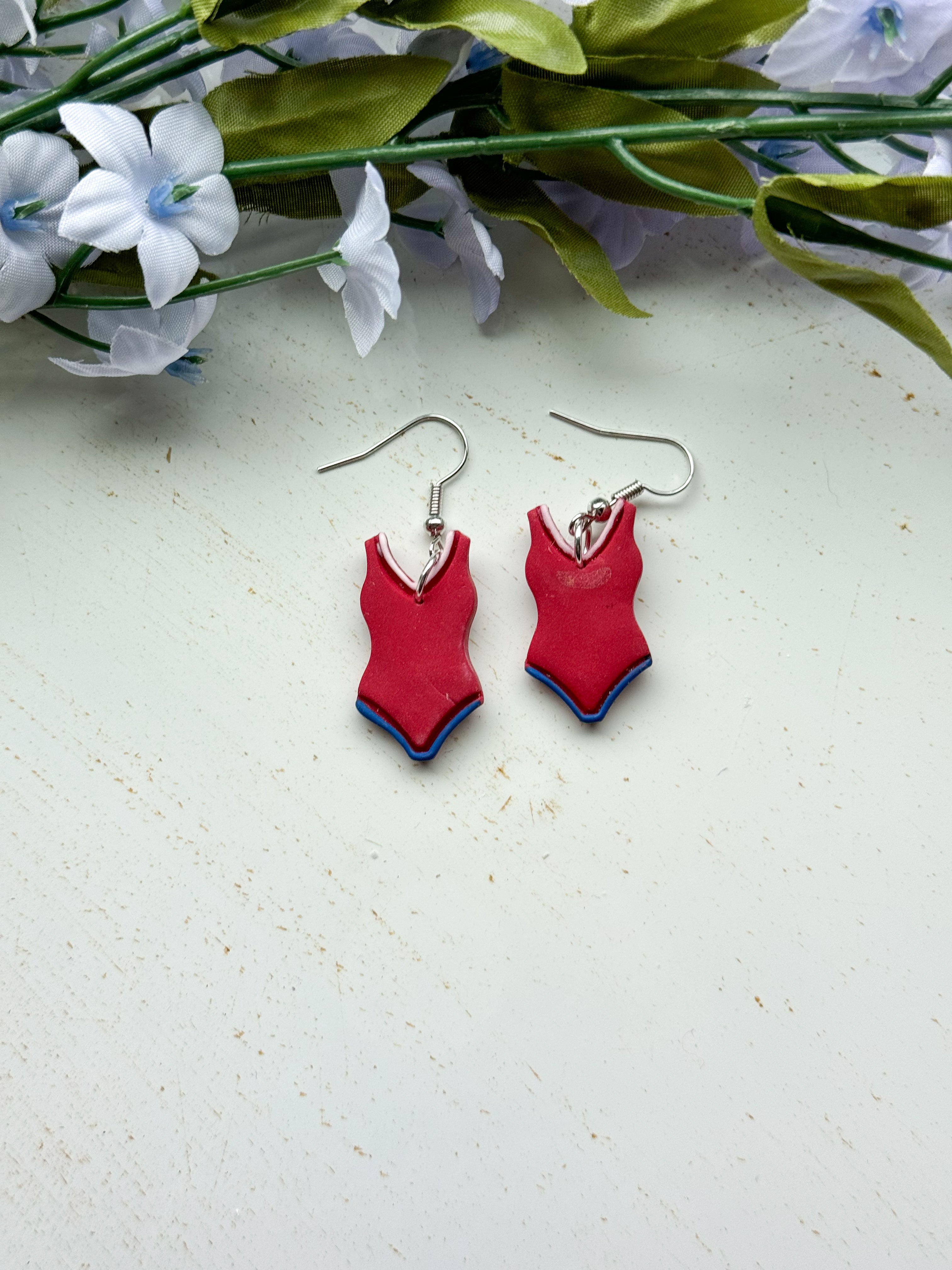 Red, White and Blue Swimsuit clay earrings