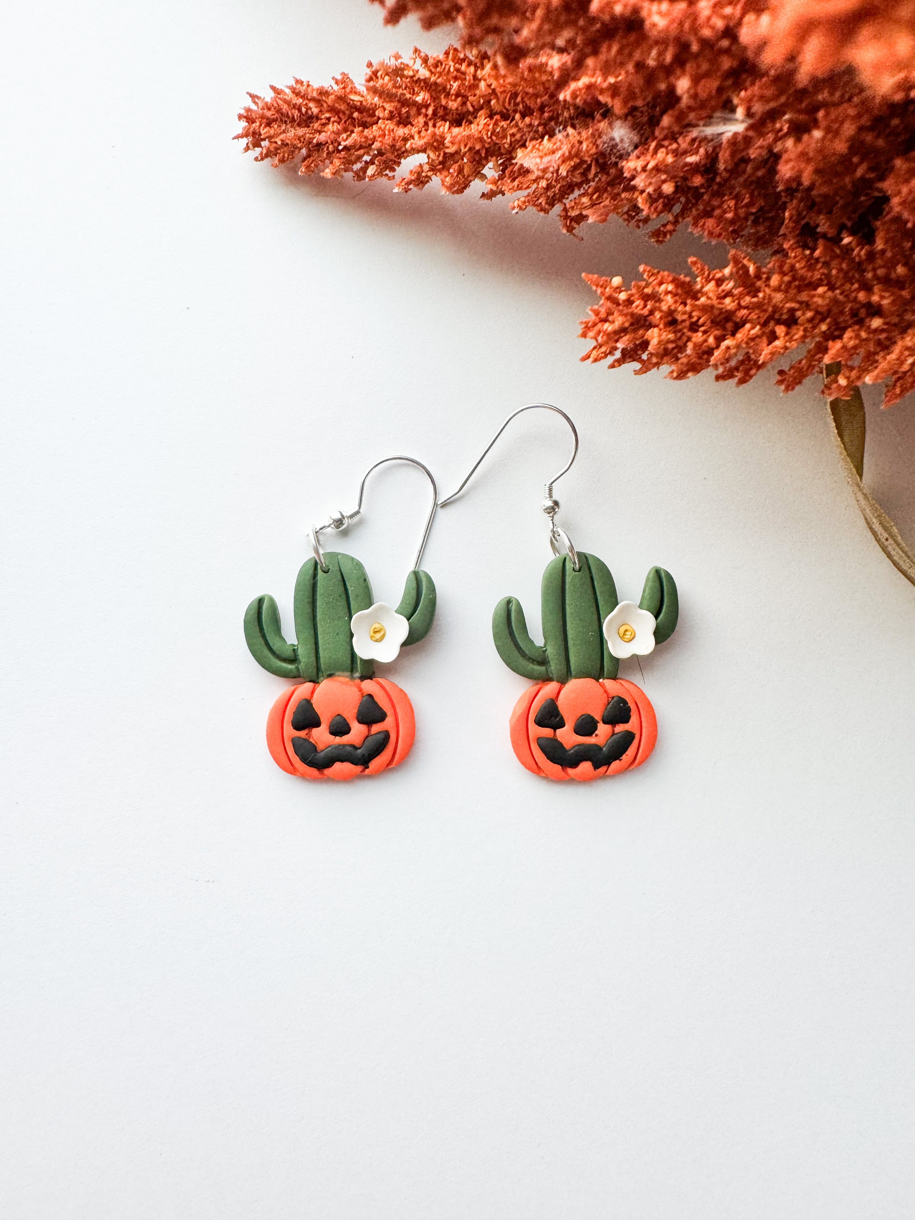 Pumpkin Jack-O’-Lantern Cactus Earrings