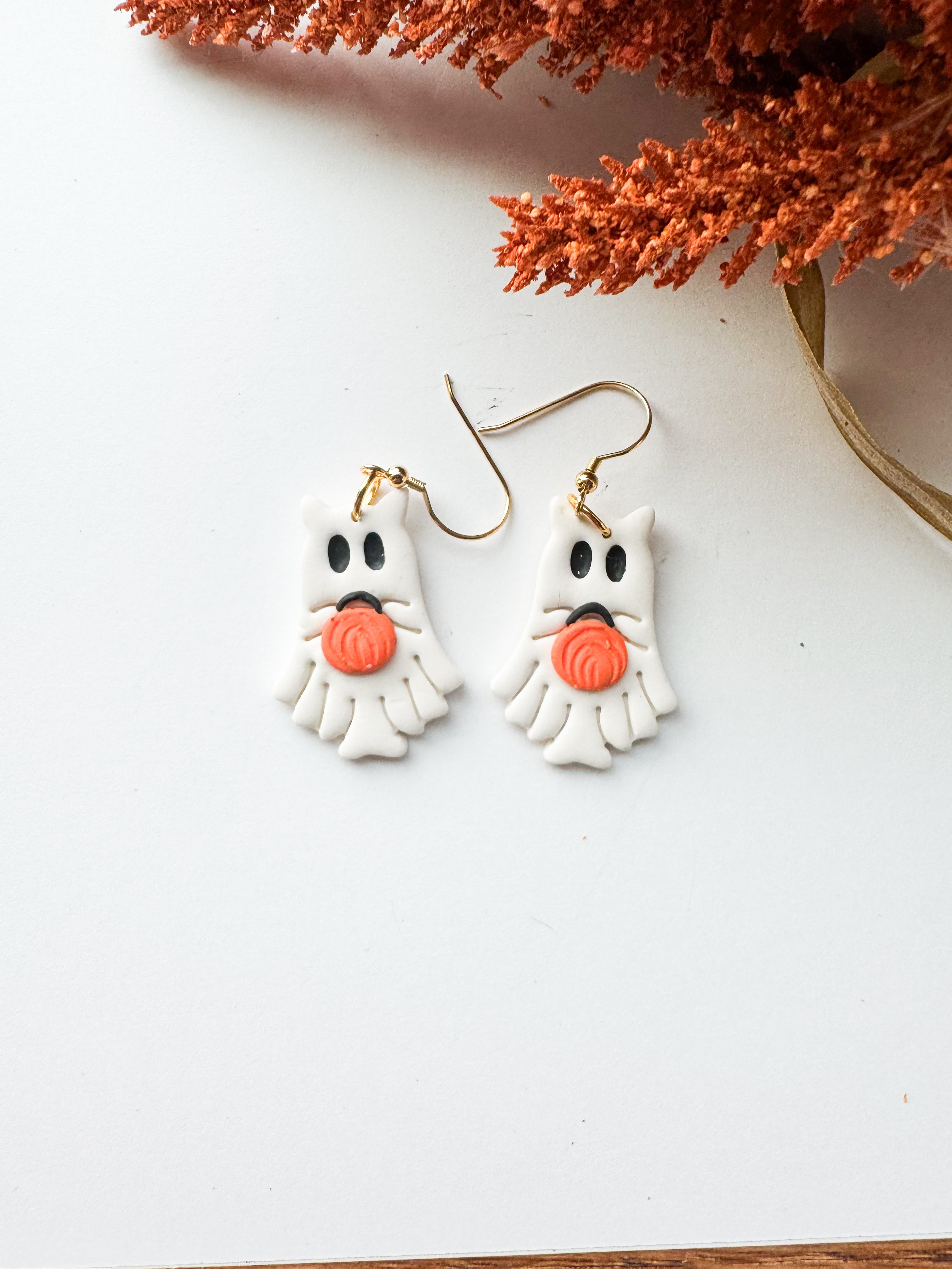 Cat Ghost Holding Pumpkin Earrings