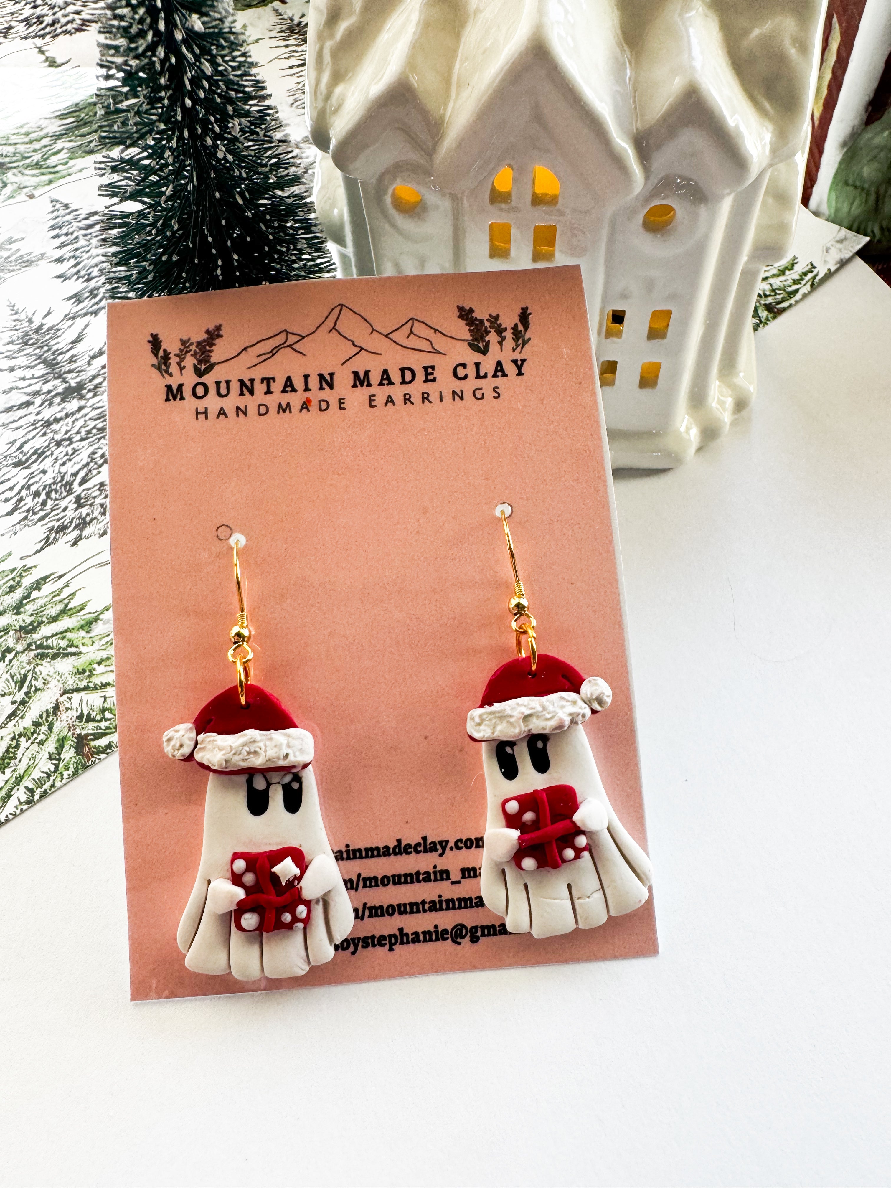 Santa Ghost Earrings | Christmas Ghost Dangles | Spooky Holiday Earrings
