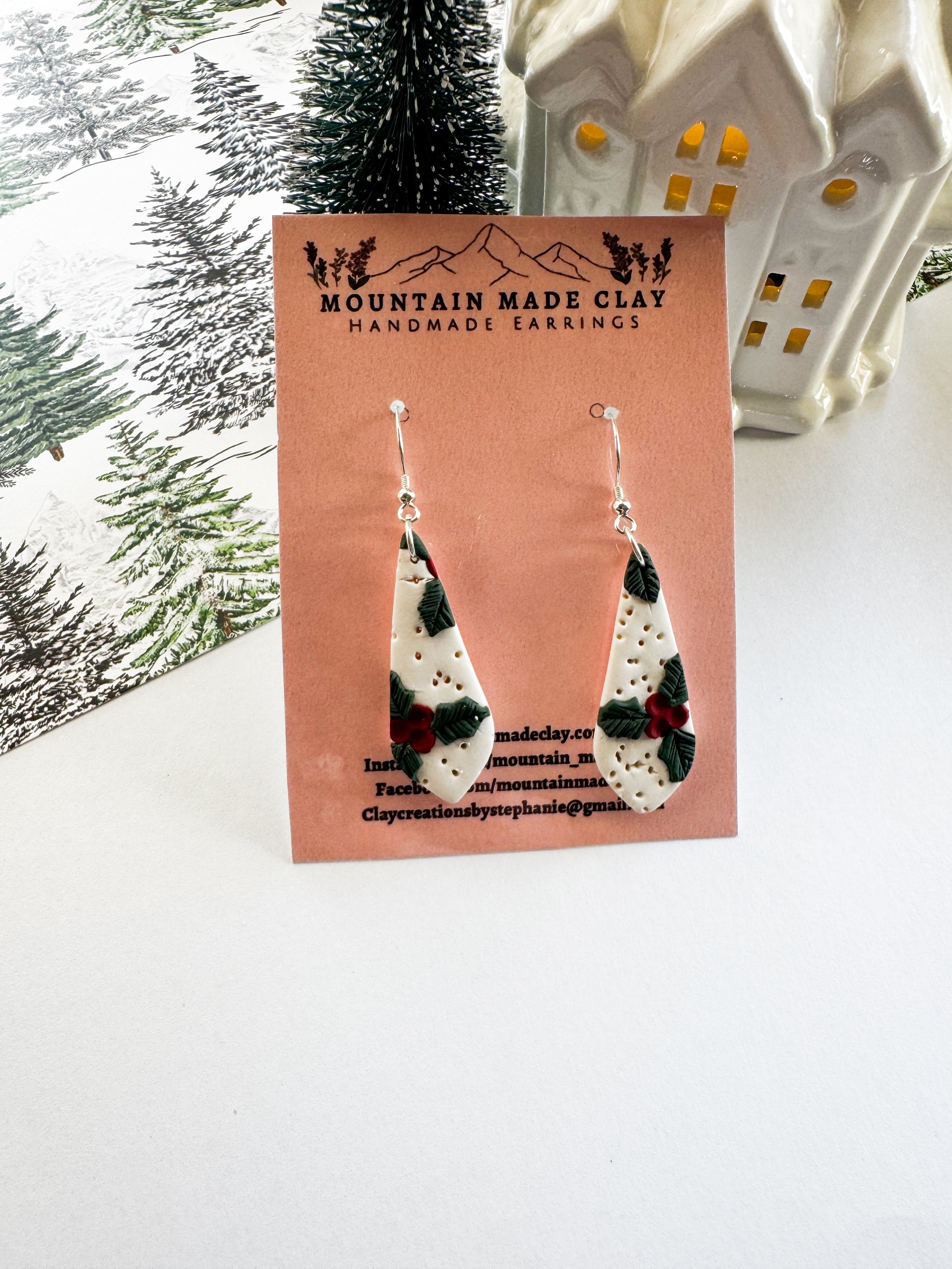 Teardrop Christmas Earrings | Holly Teardrop Dangles | Winter Polymer Clay Jewelry