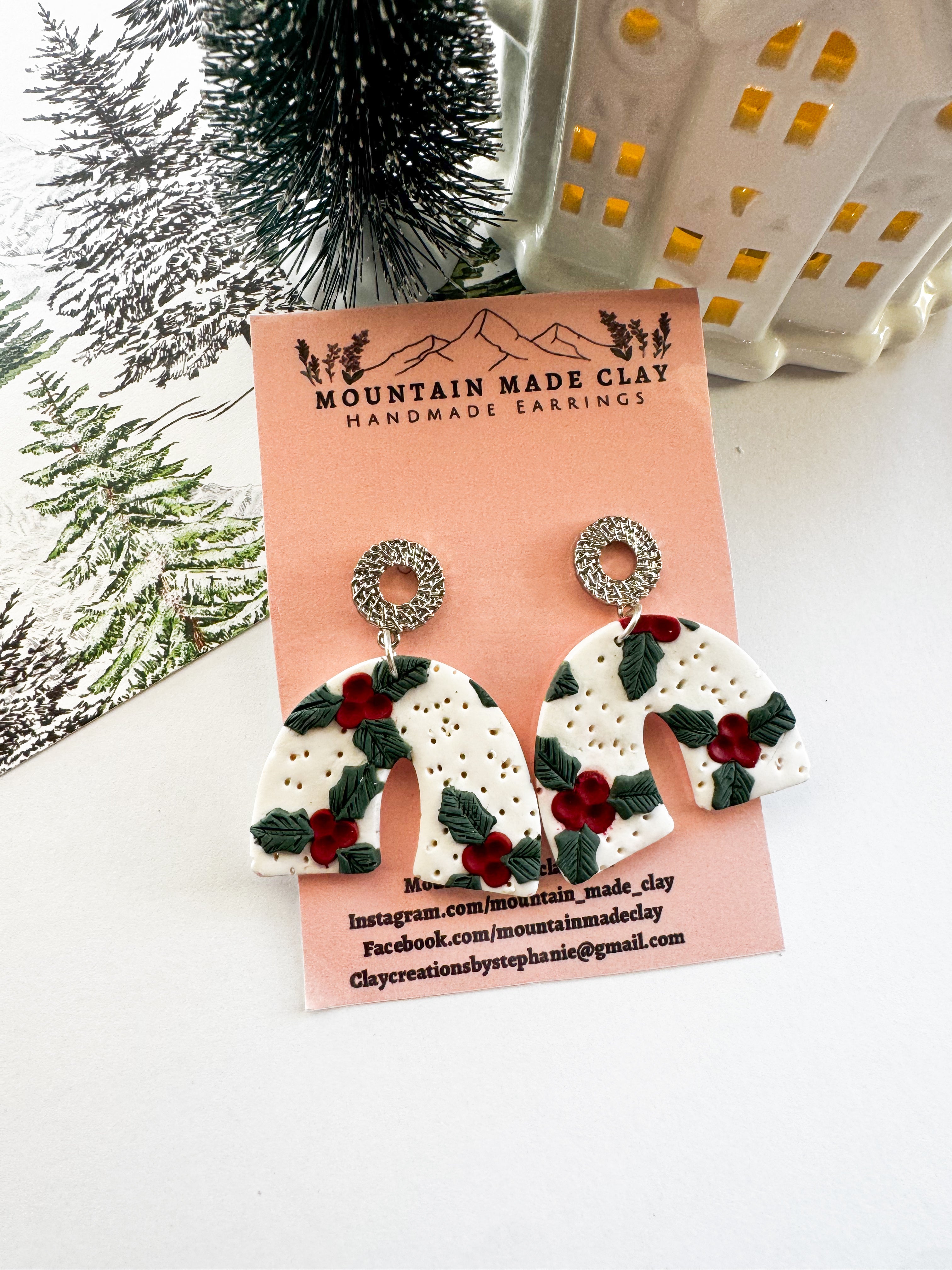 Christmas Arch Earrings | Holly Arch Dangles | Floral Holiday Polymer Clay Earrings