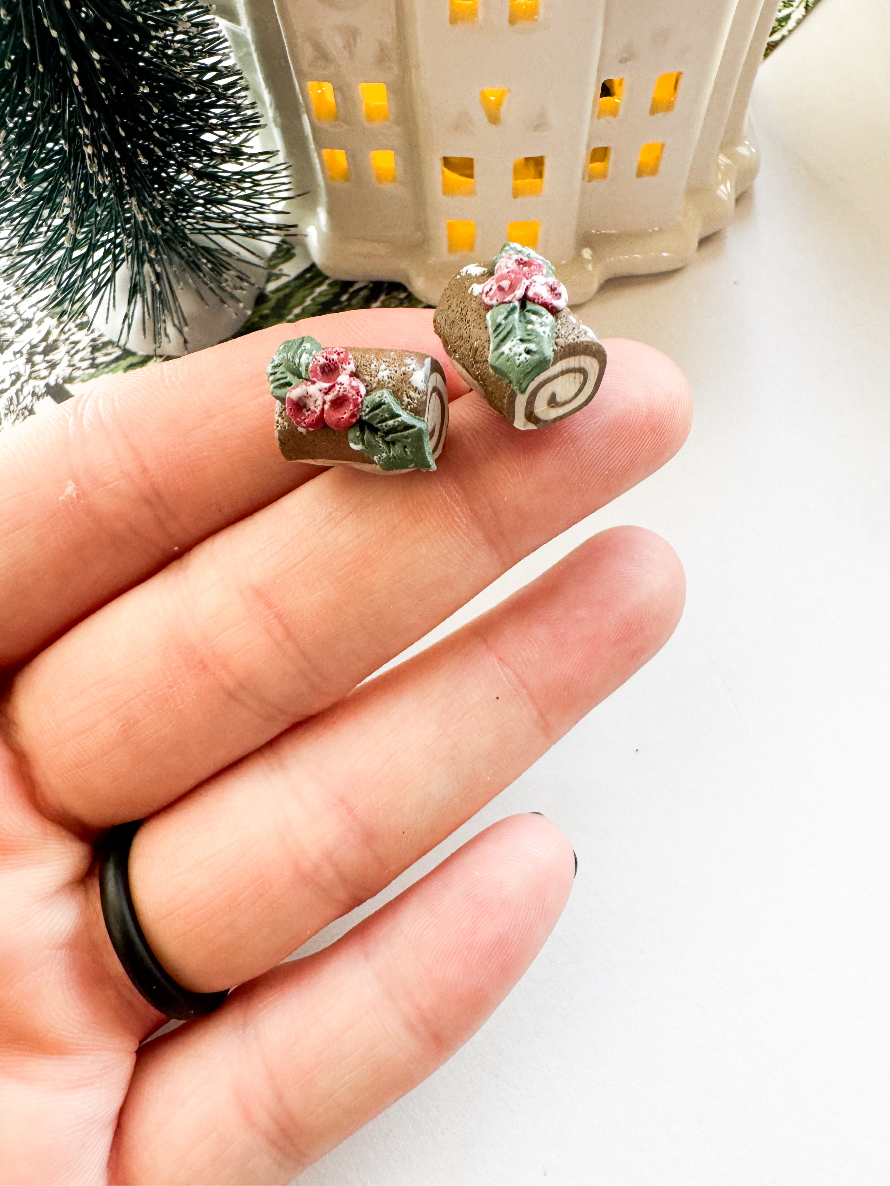 Yule Log Christmas Studs | Holiday Dessert Earrings | Chocolate Yule Log Polymer Clay Studs