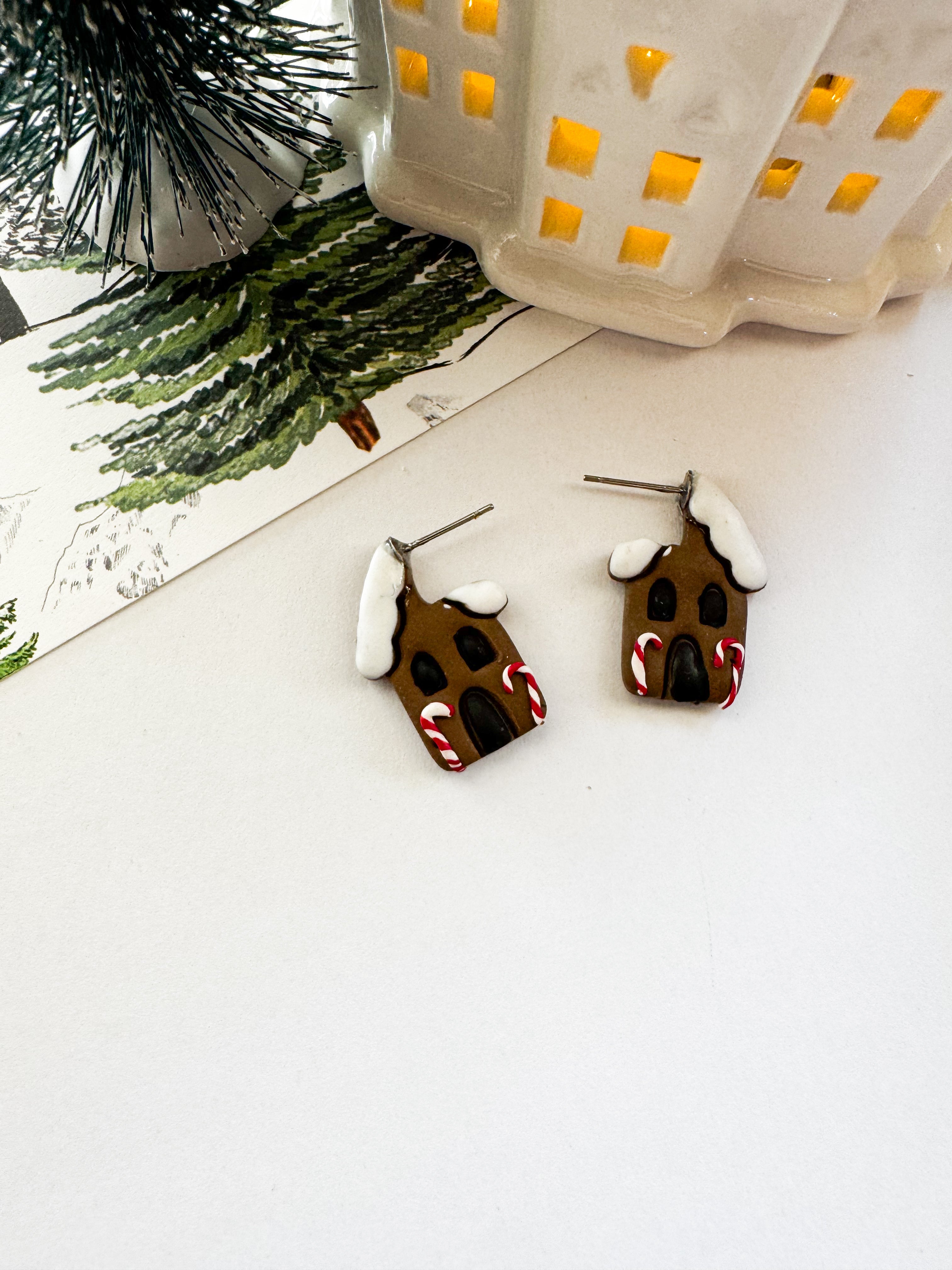 Gingerbread House Stud Earrings | Christmas Candy Cane Earrings | Handmade Holiday Polymer Clay Jewelry