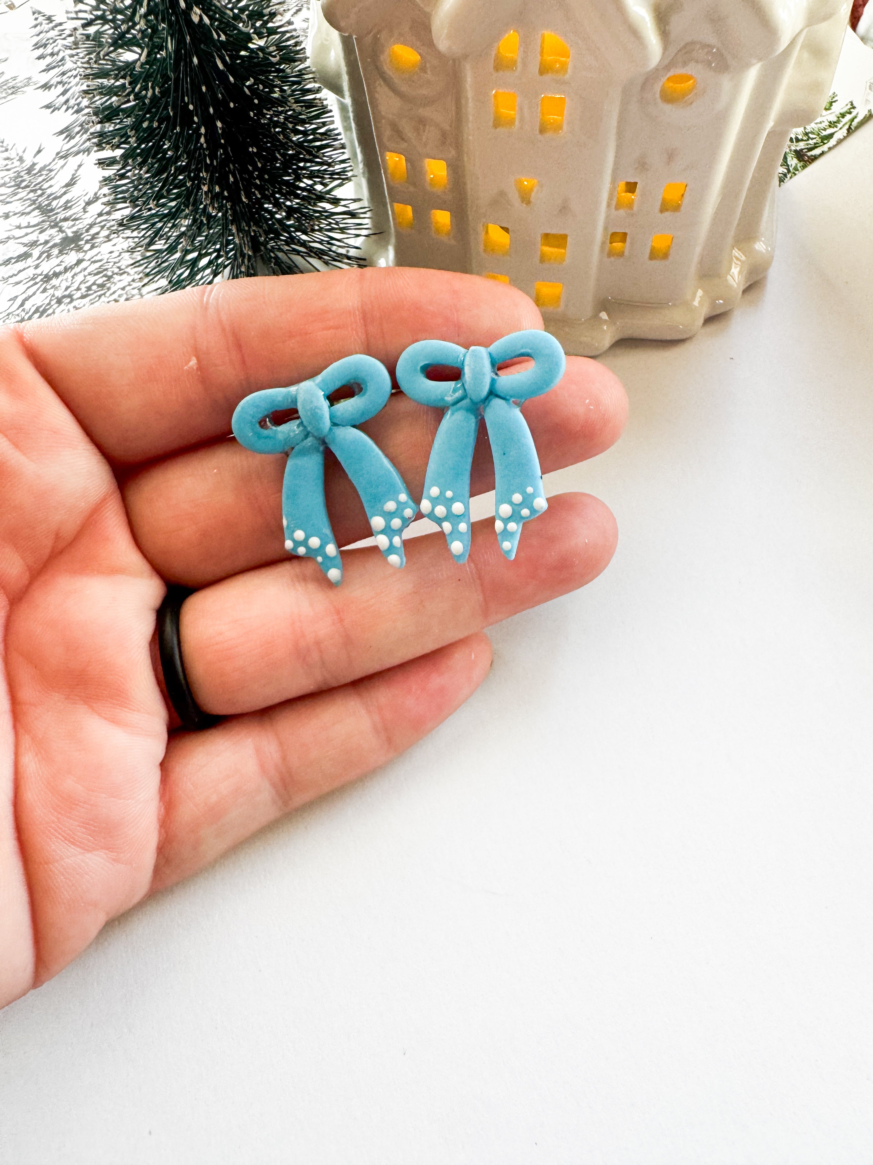 Winter Bow Stud Earrings | Blue Holiday Bow Studs | Polymer Clay Snow Bow Earrings
