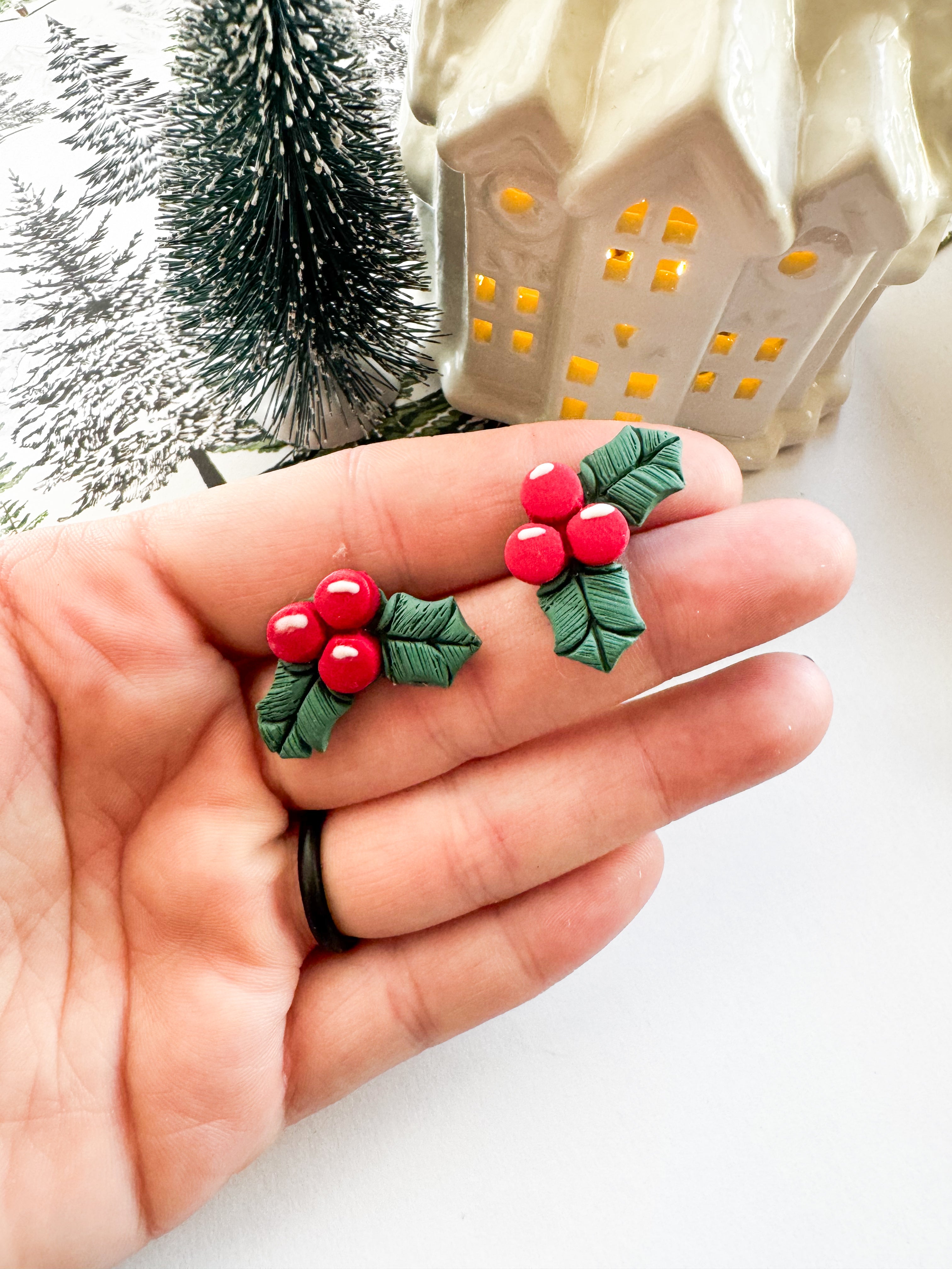 Holly Berry Christmas Stud Earrings | Evergreen Holiday Studs | Festive Polymer Clay Earrings