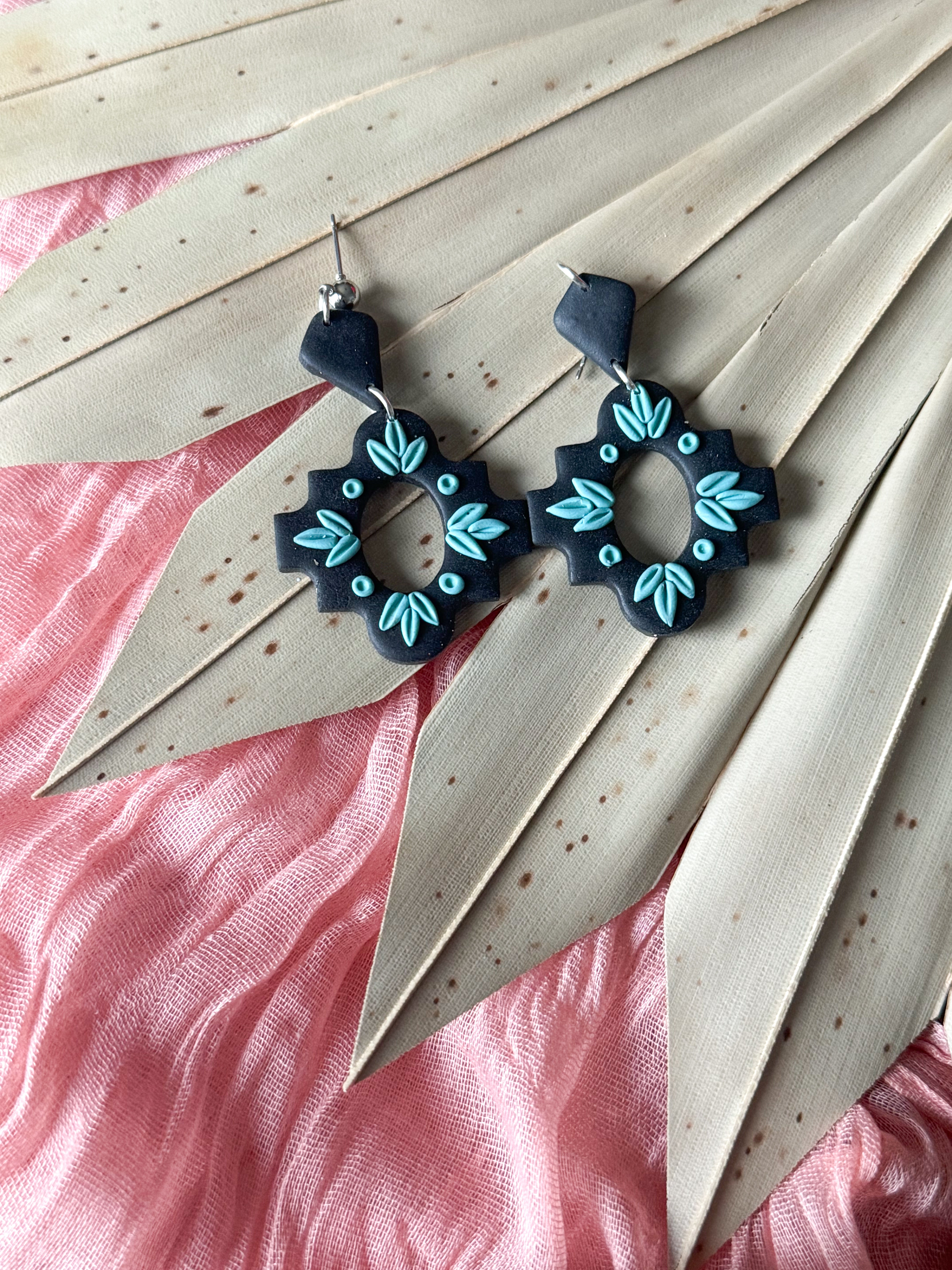 Black Aztec Shape with Blue Detail Clay Earrings