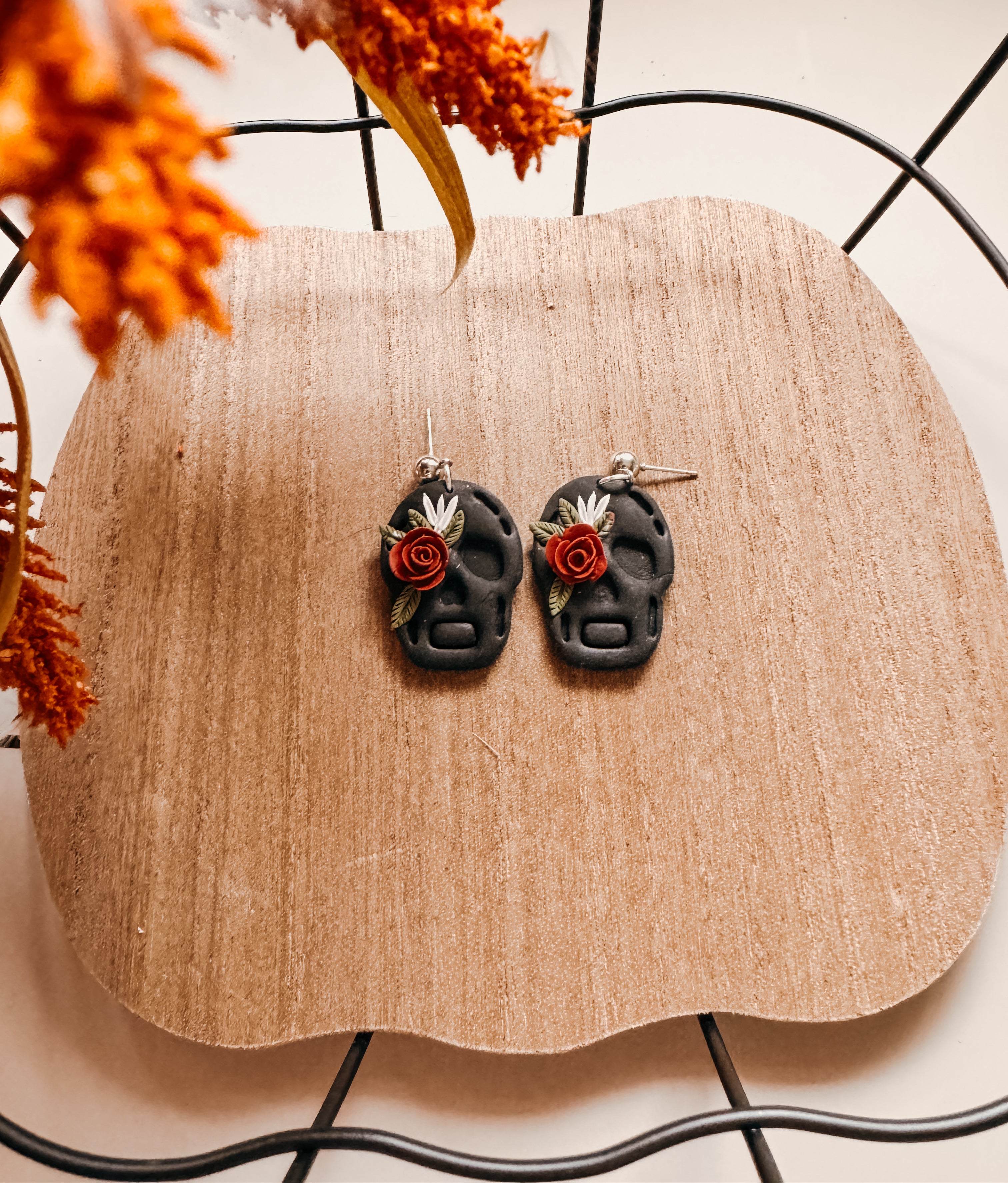 Rose Skull Clay Earrings