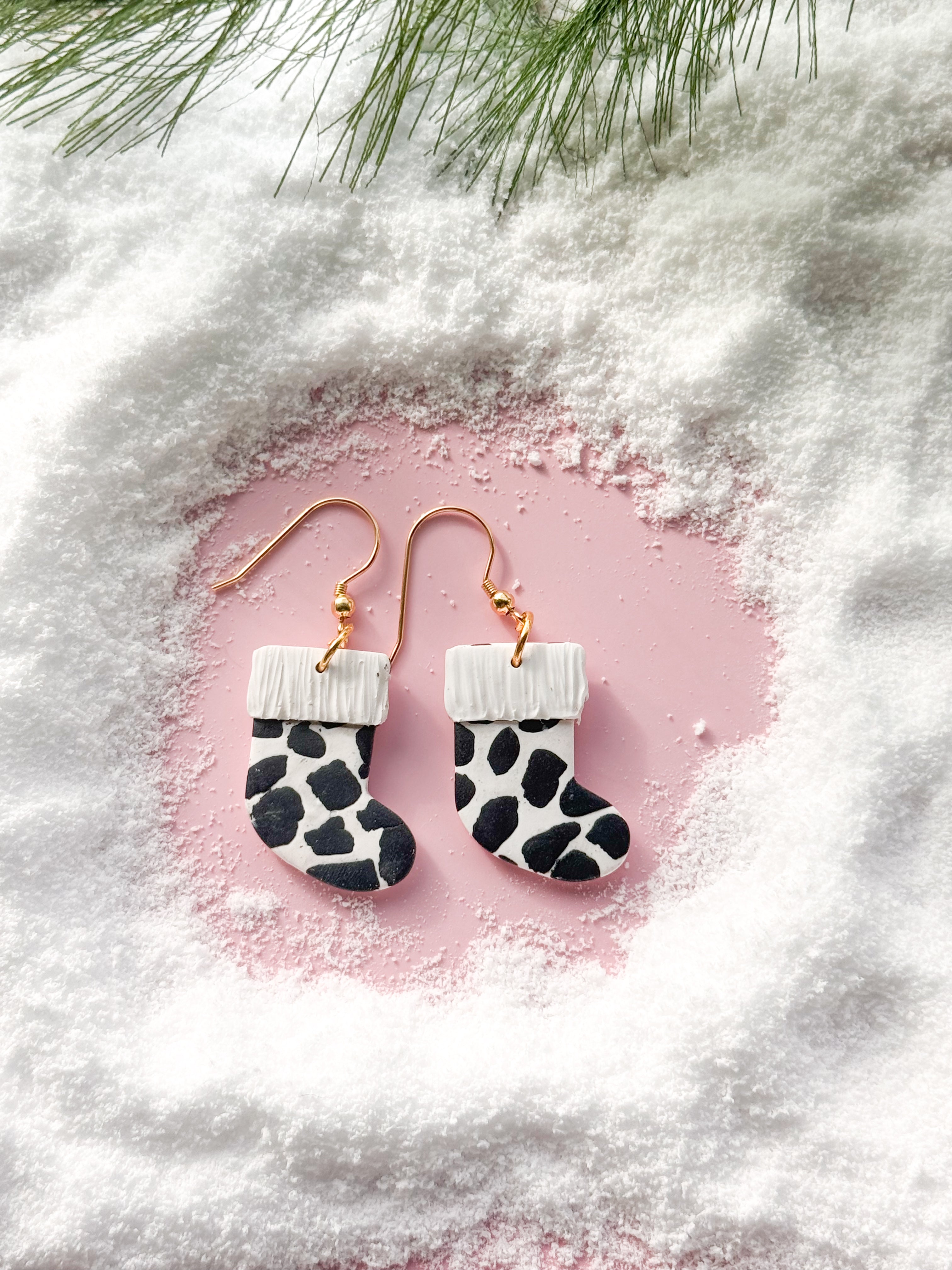 Cow Print Stocking Clay Earrings