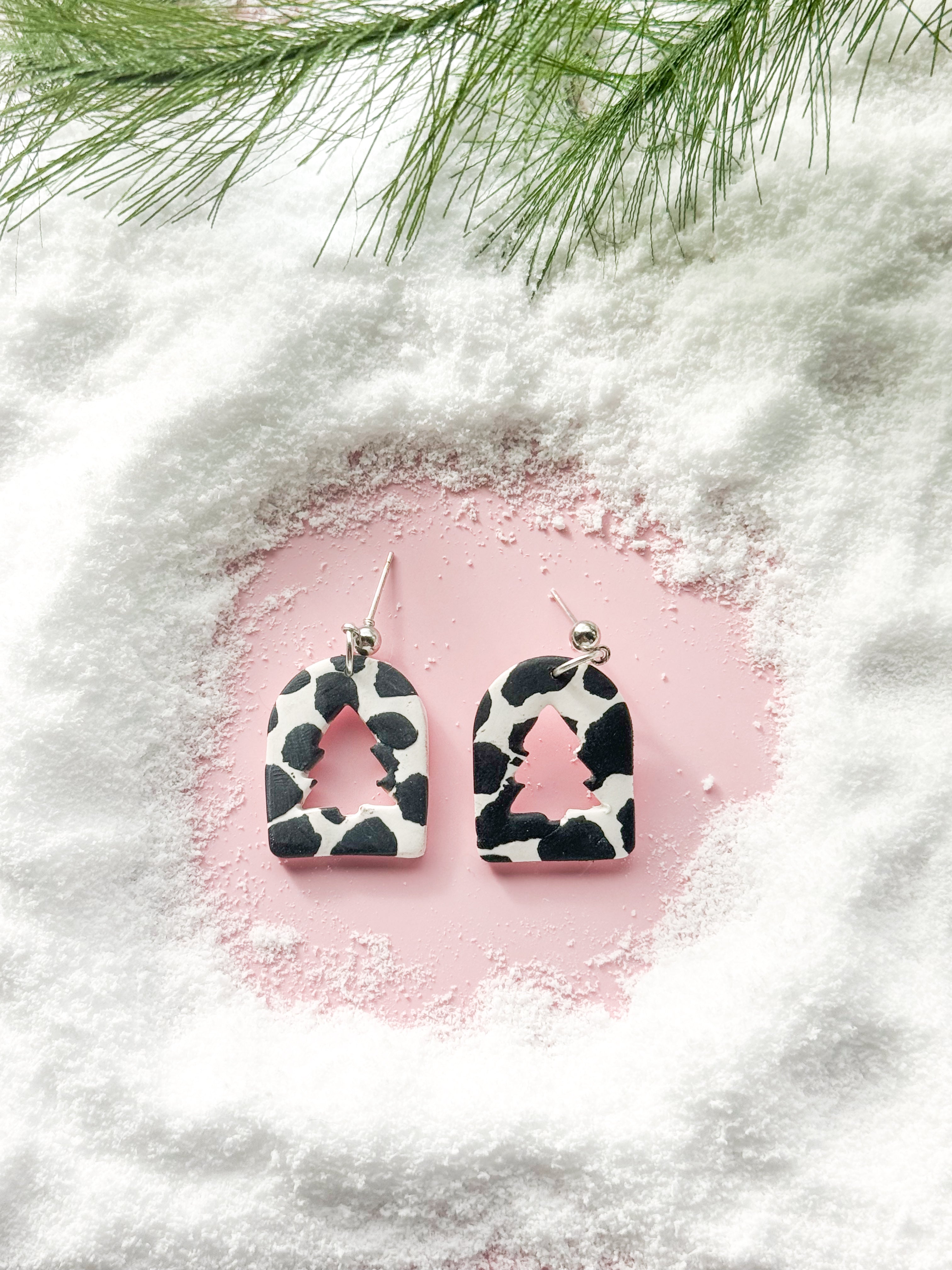 Cow Print Tree Cut Out Clay Earrings