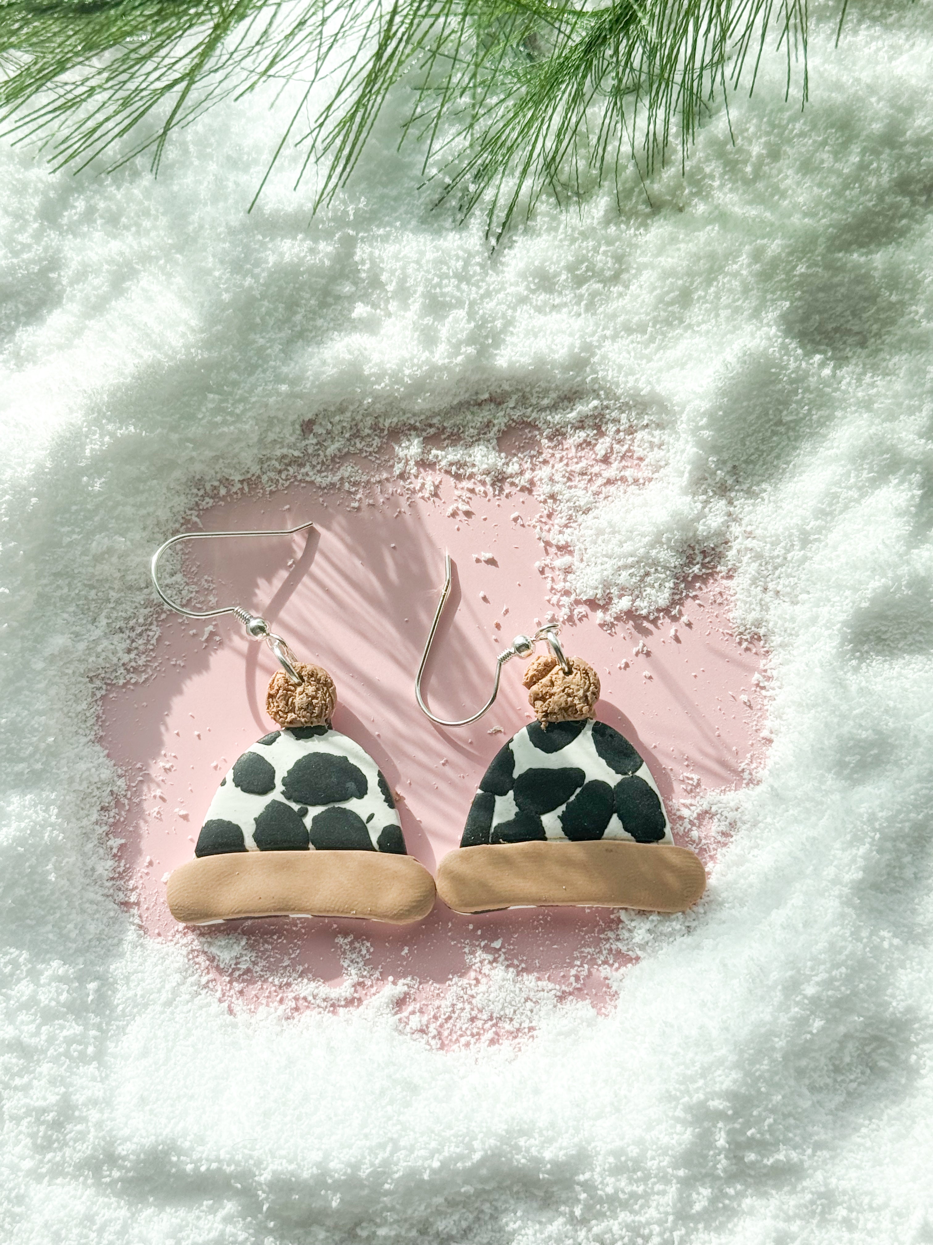 Cow Print Beanie Clay Earrings