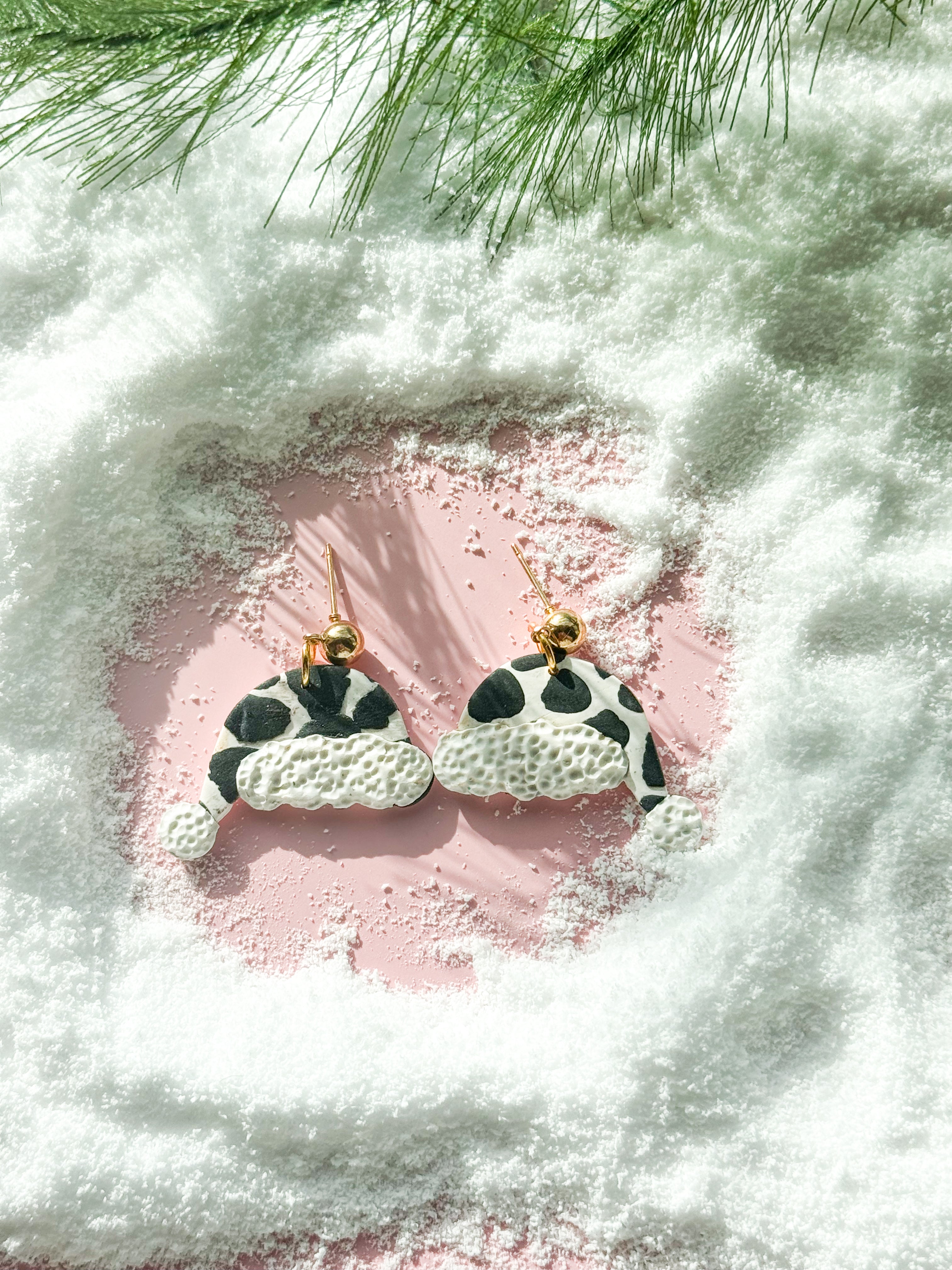 Cow print Santa Hat Clay Earrings