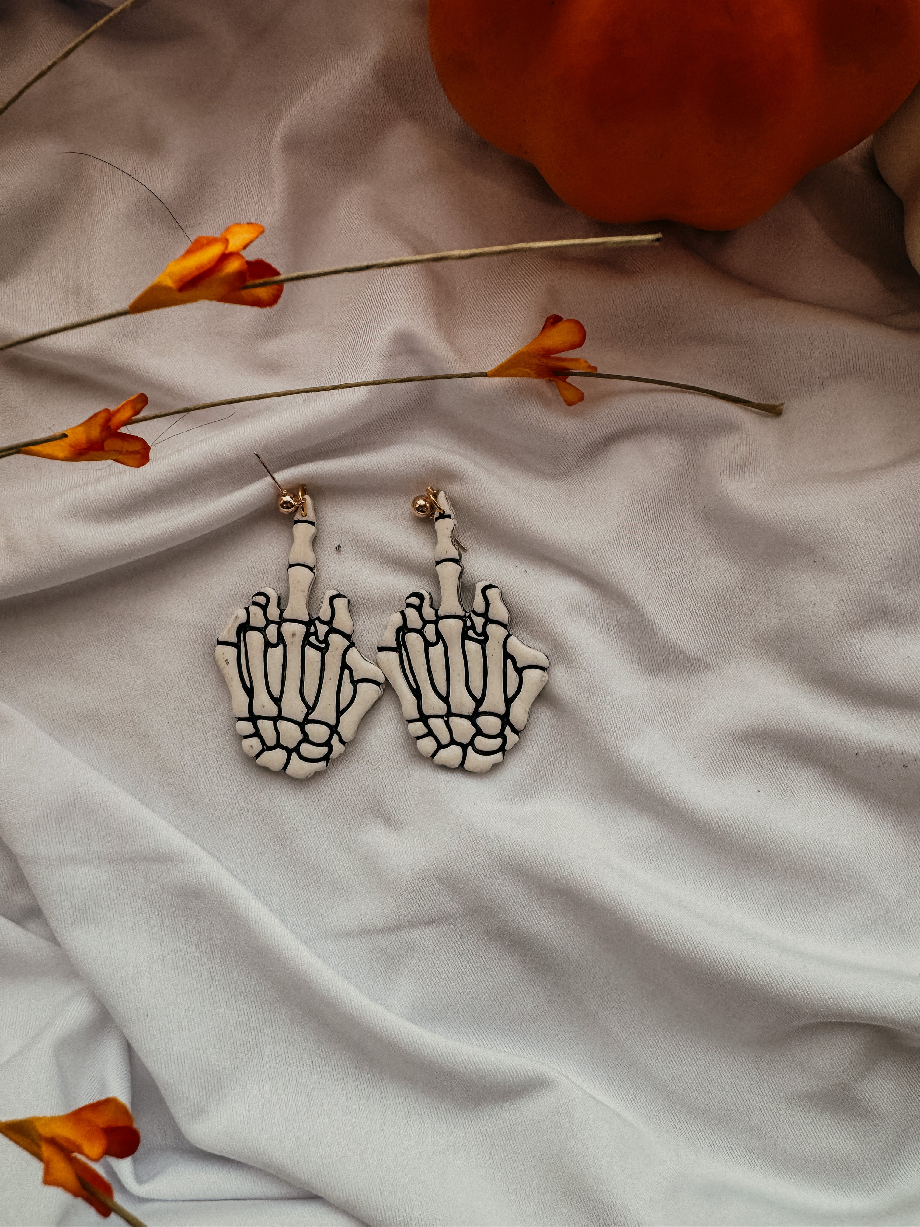 Skeleton Middle Finger Clay Earrings