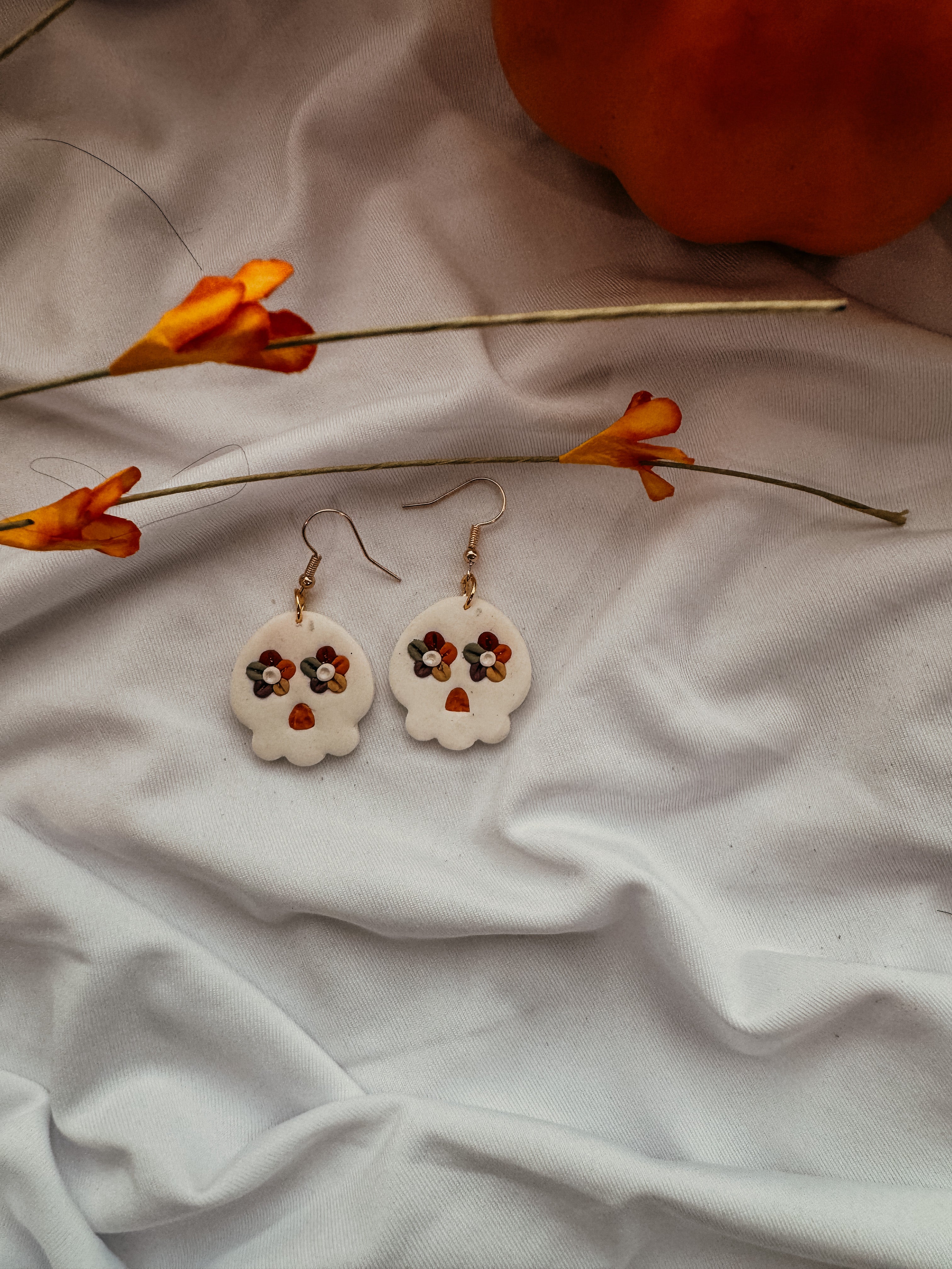 Fall Rainbow Skull Clay Earrings