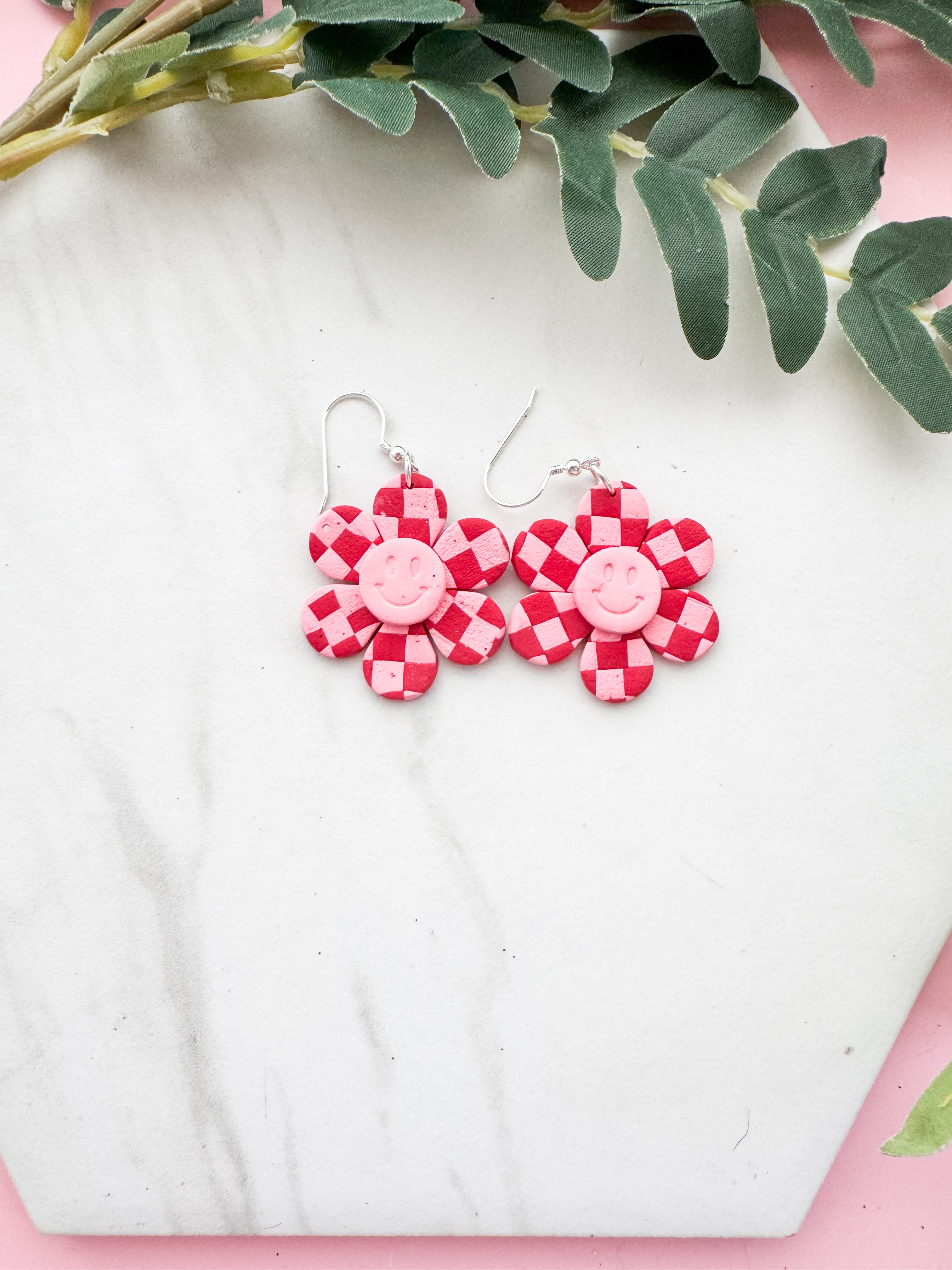 Checkered VDay Flower Clay Earrings