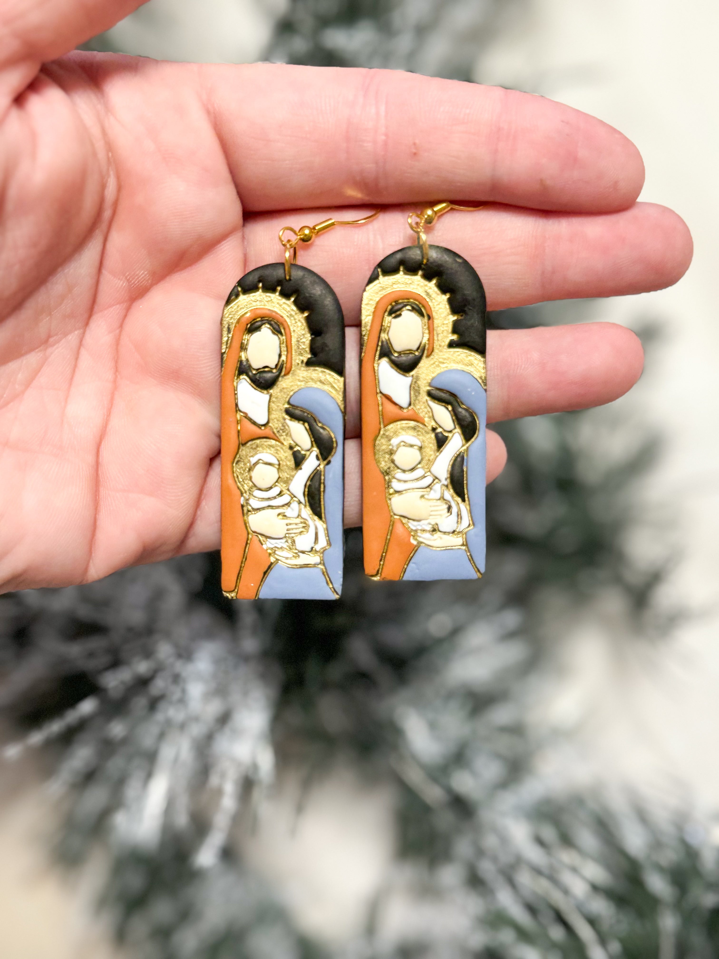 Mary, Joseph, and Baby Jesus Clay Earrings