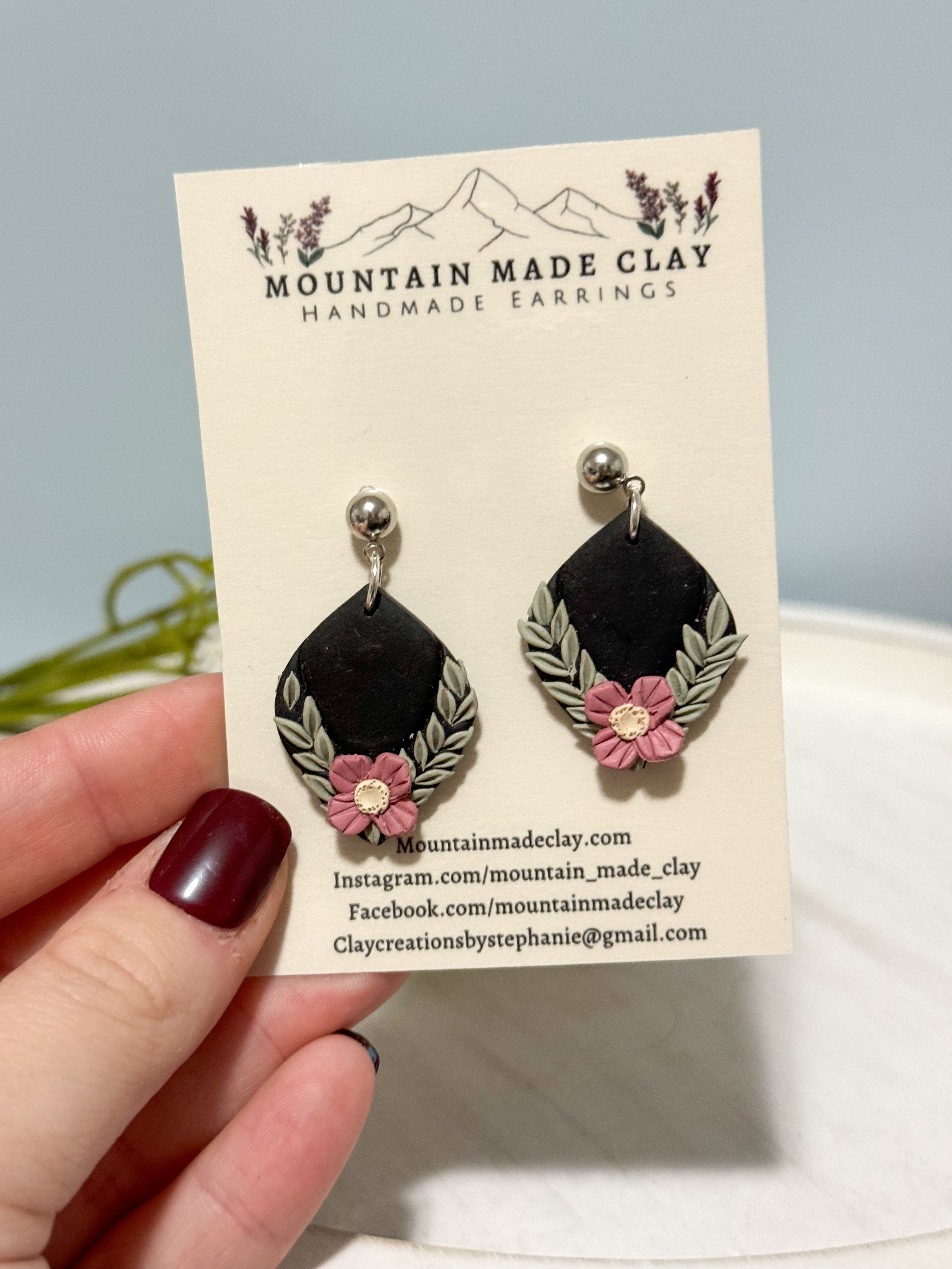 Black Diamond Floral Clay Earrings