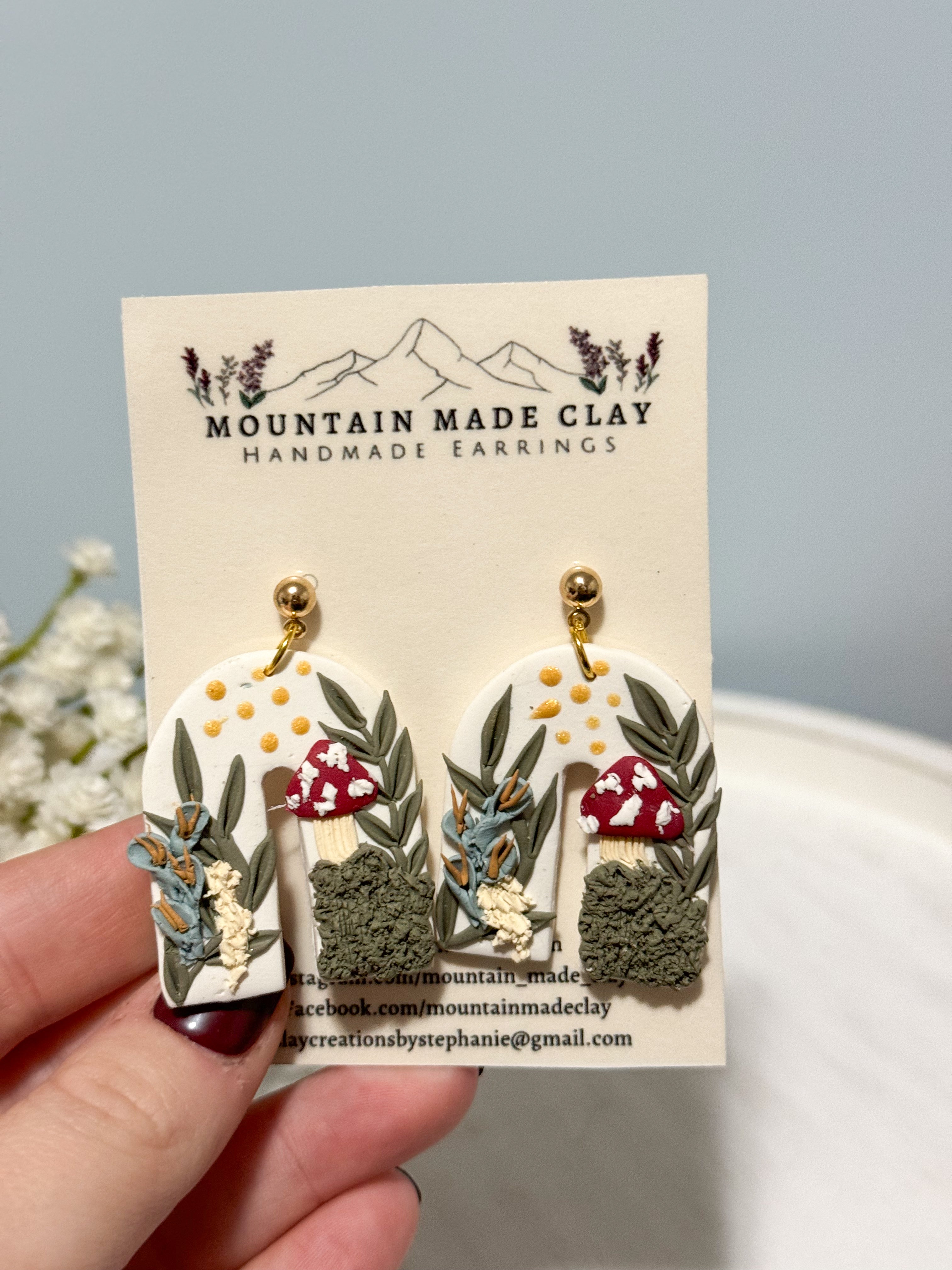White Cottagecore Mushroom Clay Earrings