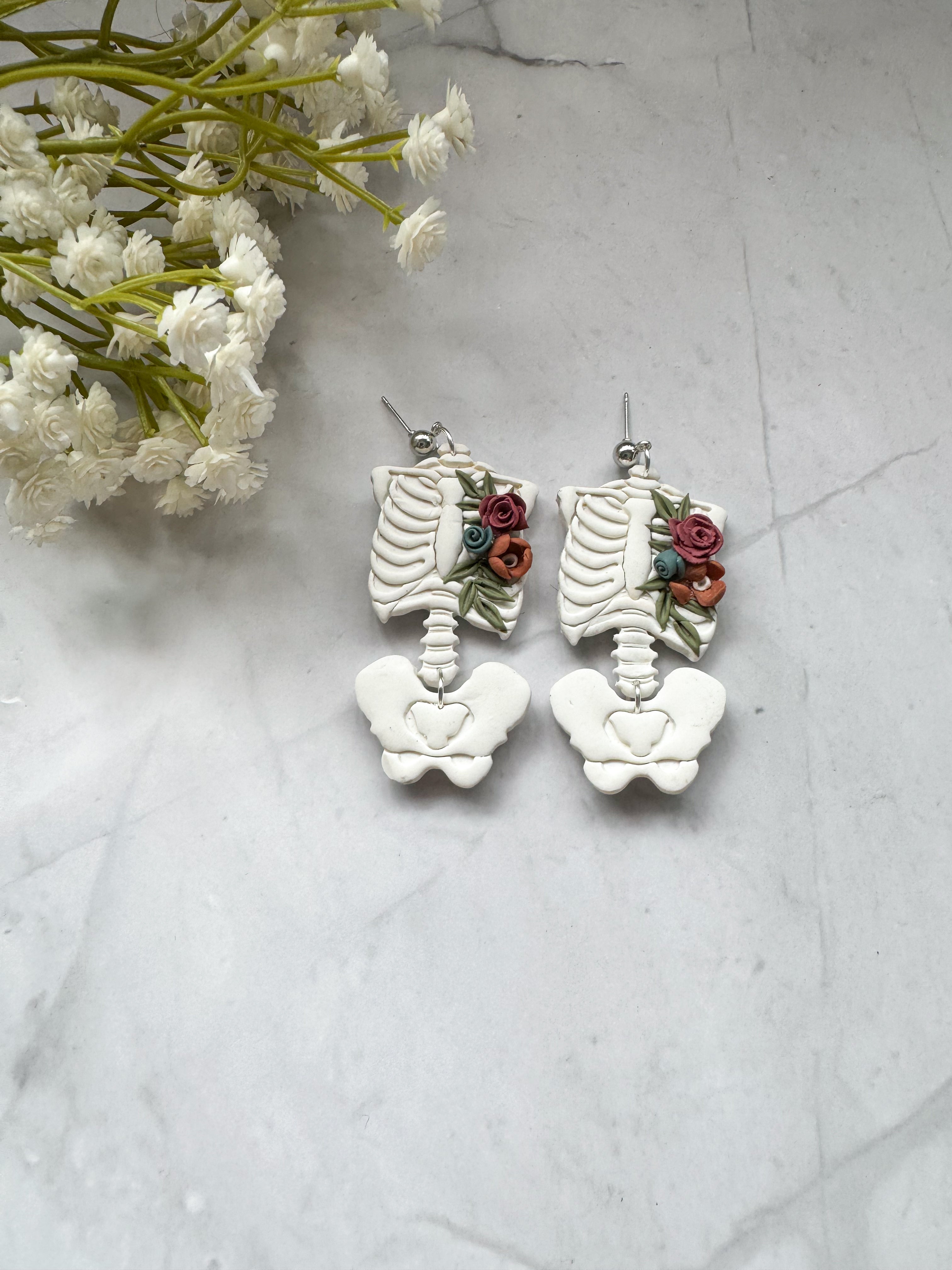 Floral Skeleton. Polymer Clay Earrings