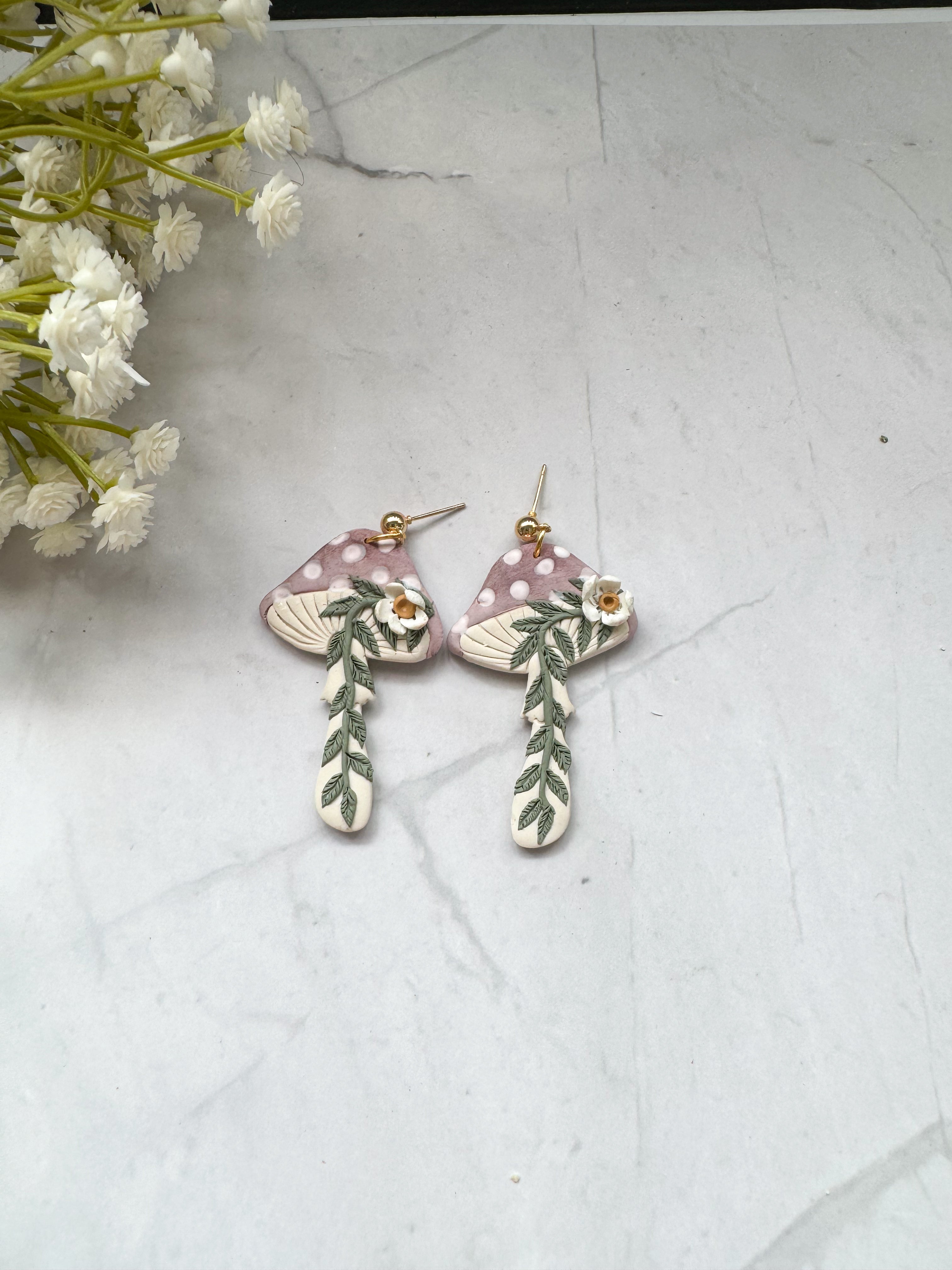 Tall Purple Mushroom Clay Earrings