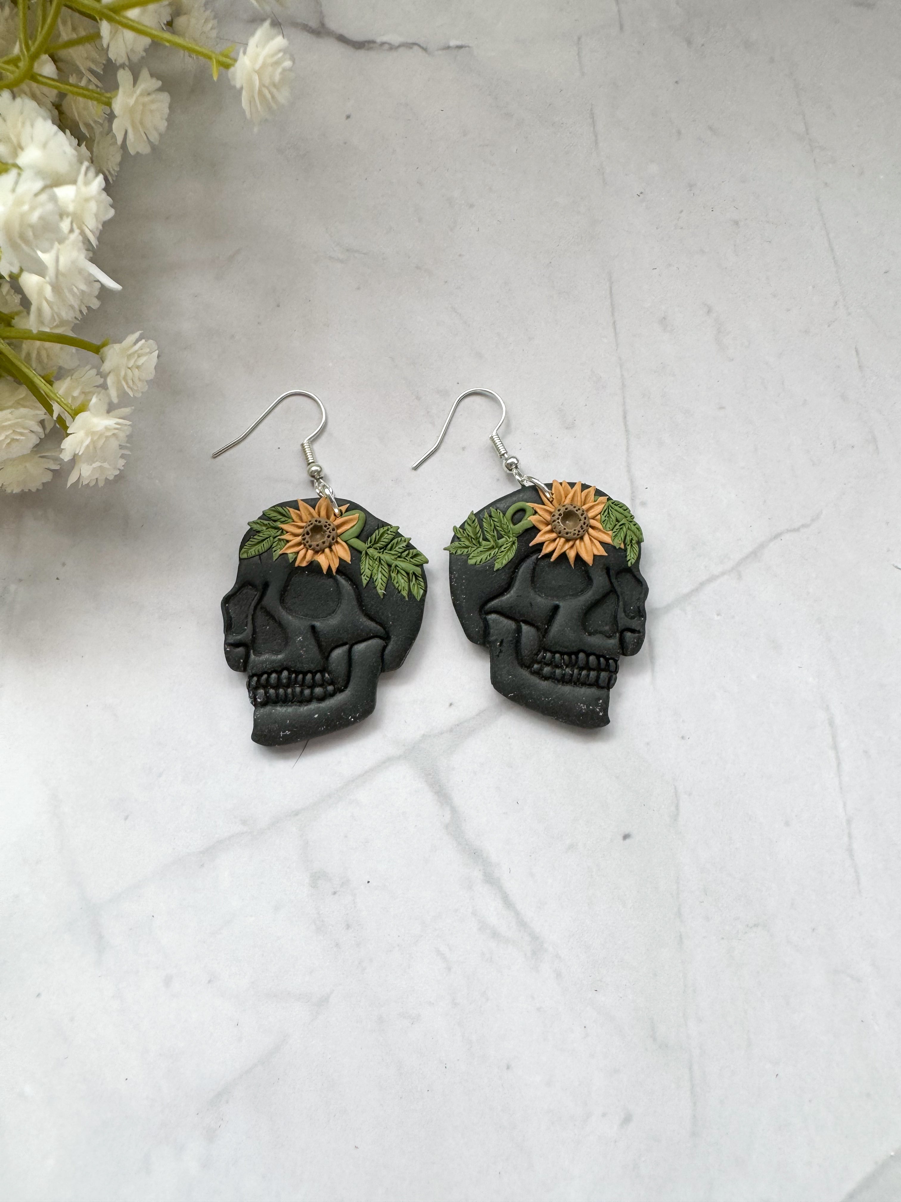 Black Skull Sunflower Clay Earrings