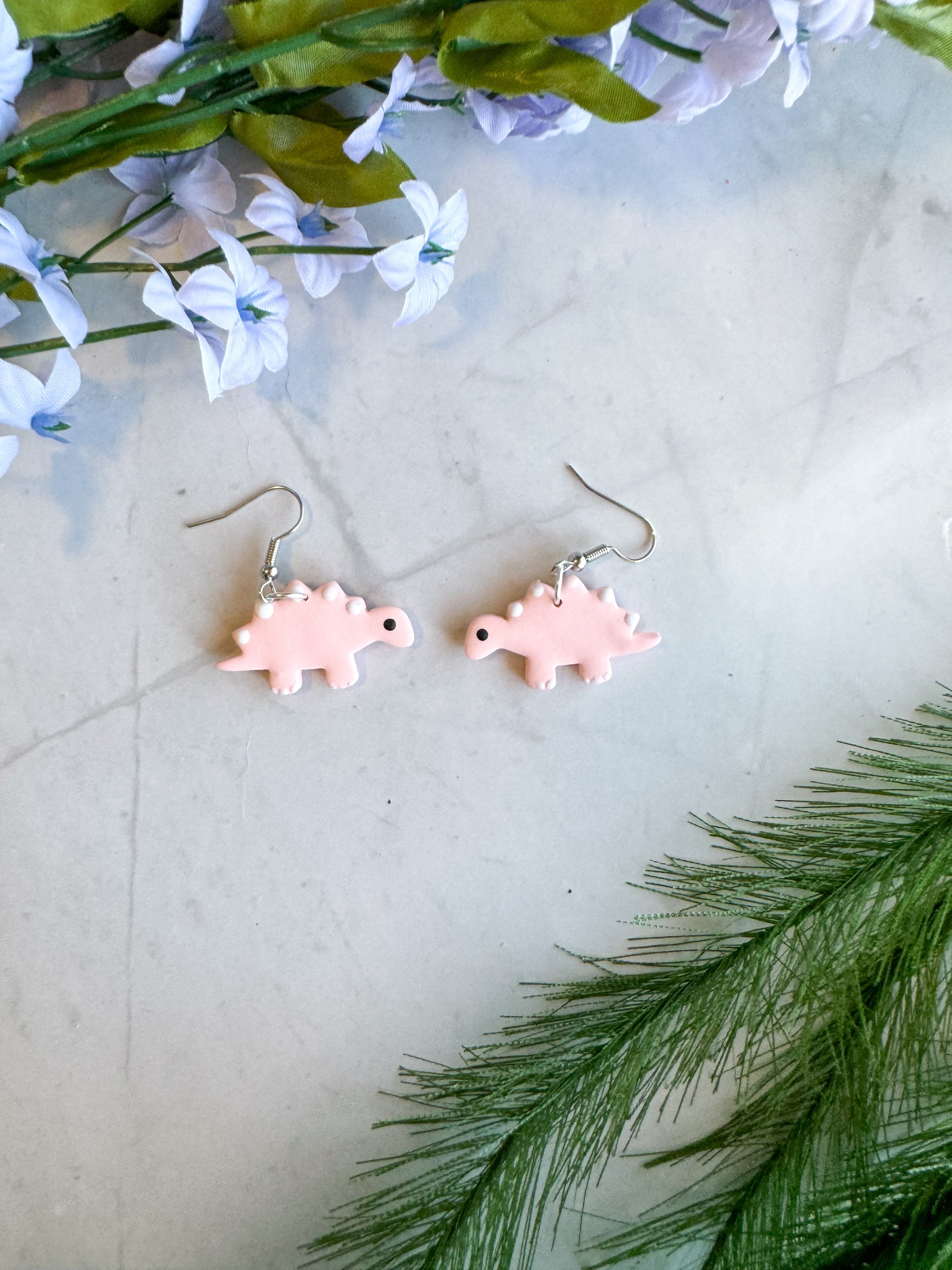 Pink Stegosaurus Clay Earrings