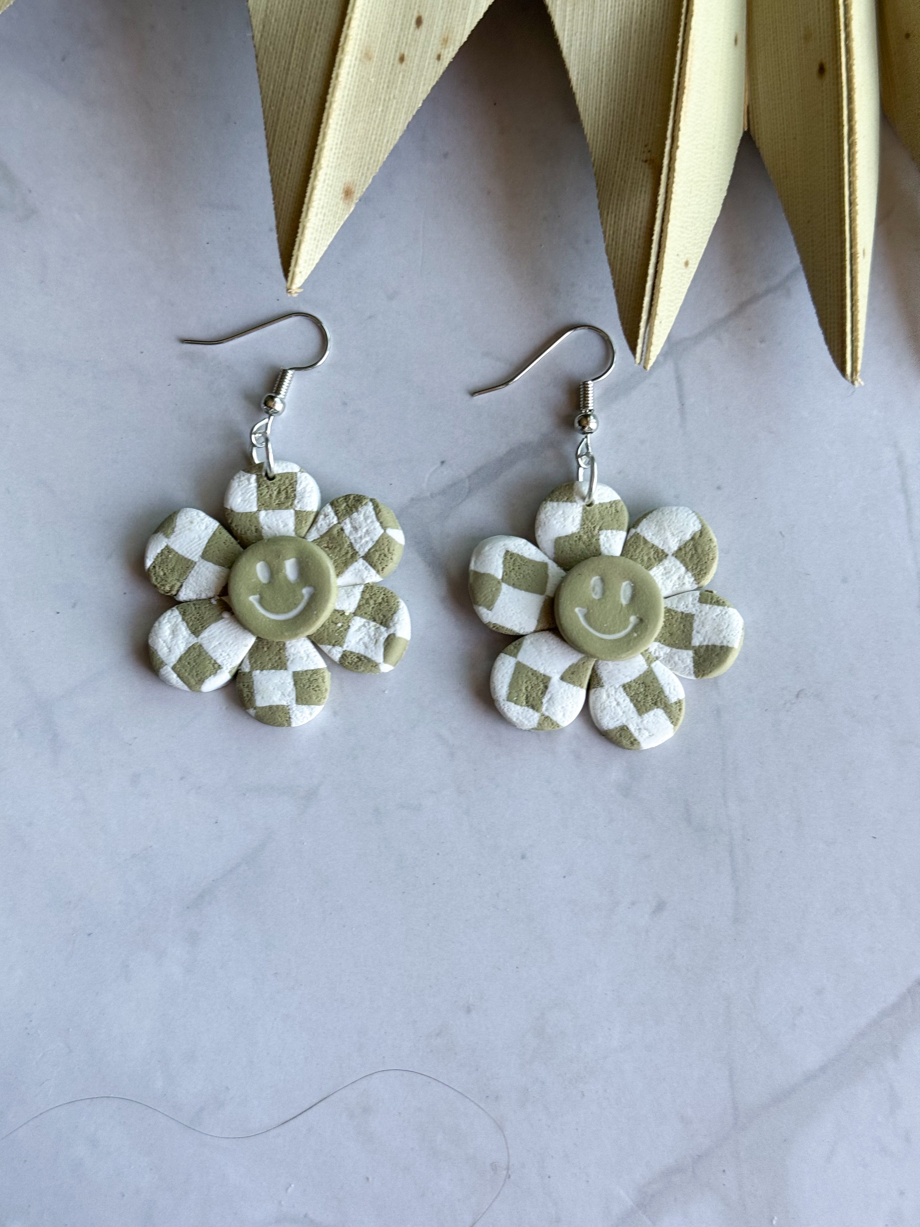 Checkered Boho flowers Clay Earrings