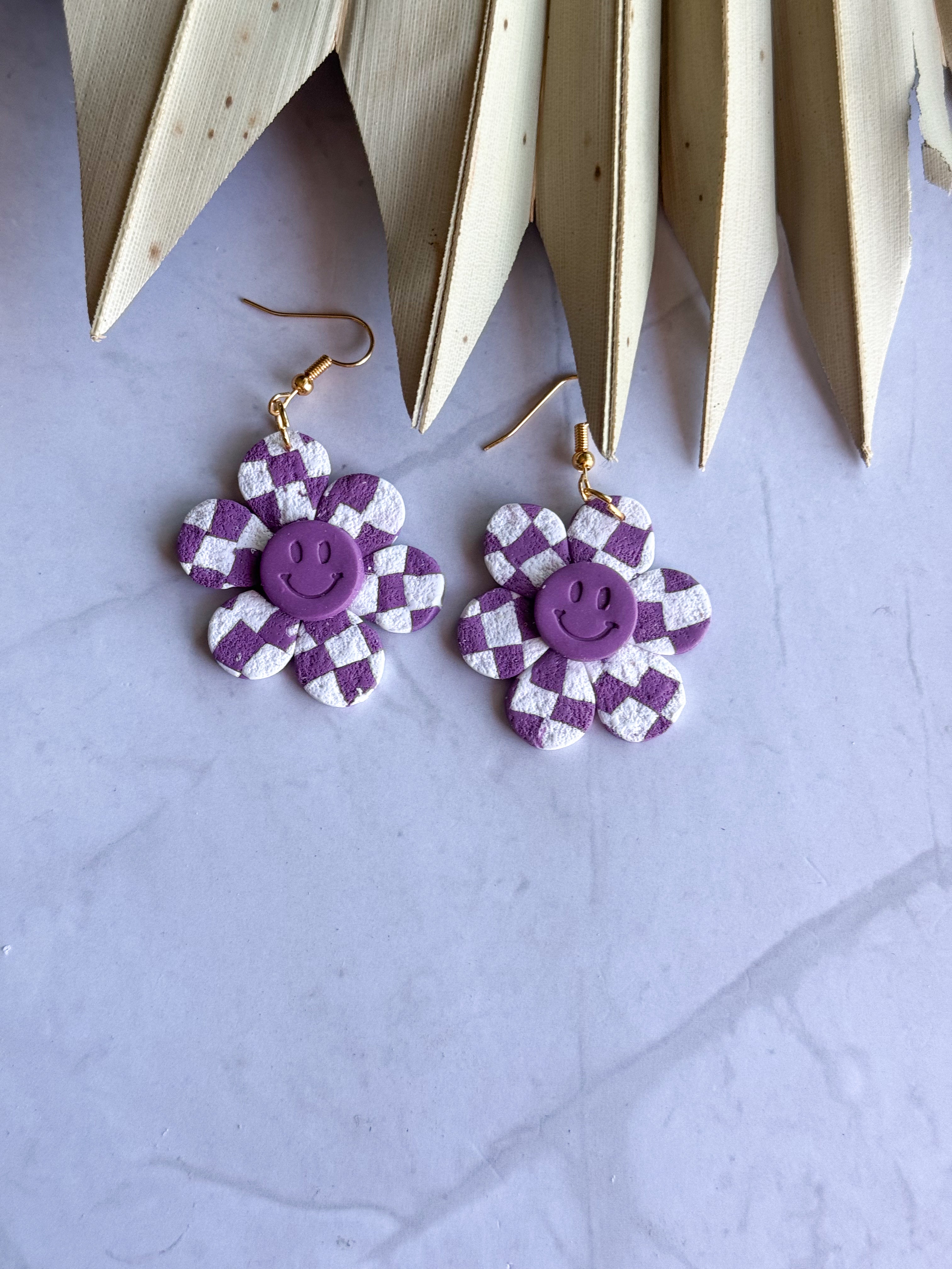 Checkered Boho flowers Clay Earrings