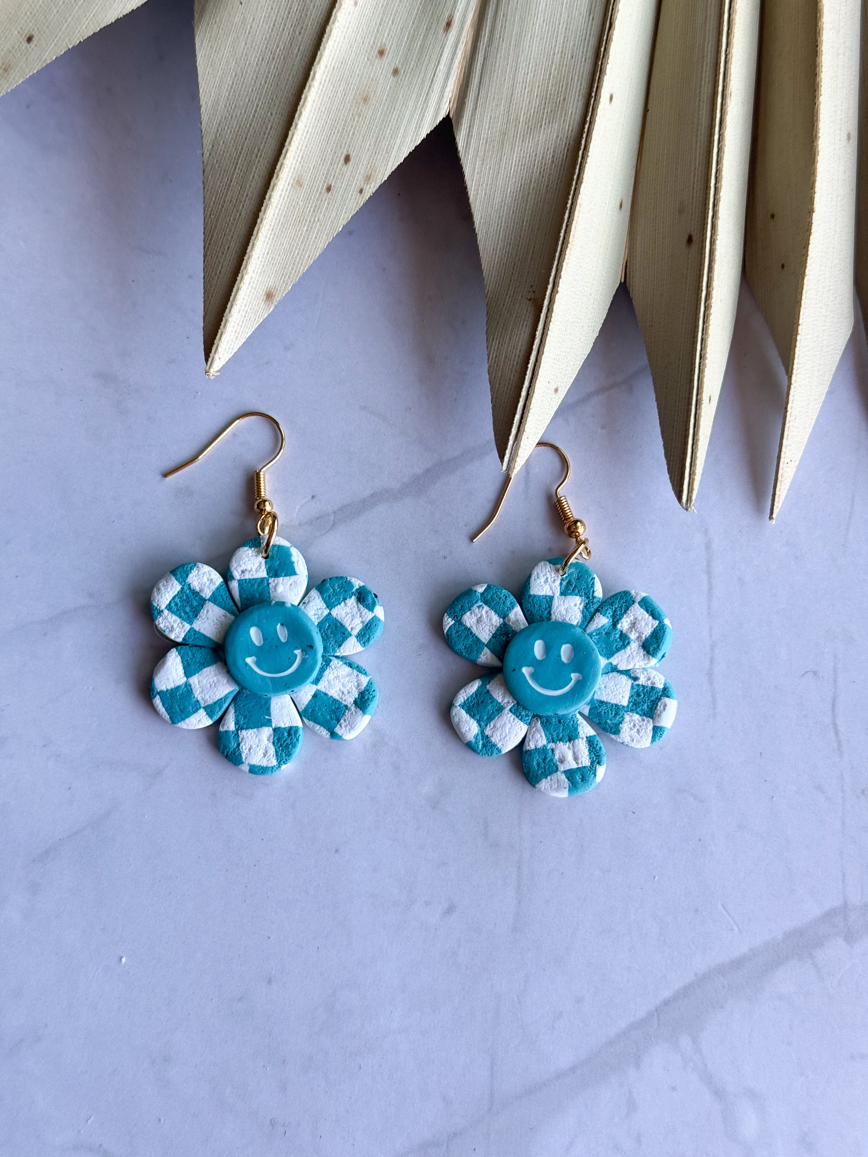 Checkered Boho flowers Clay Earrings