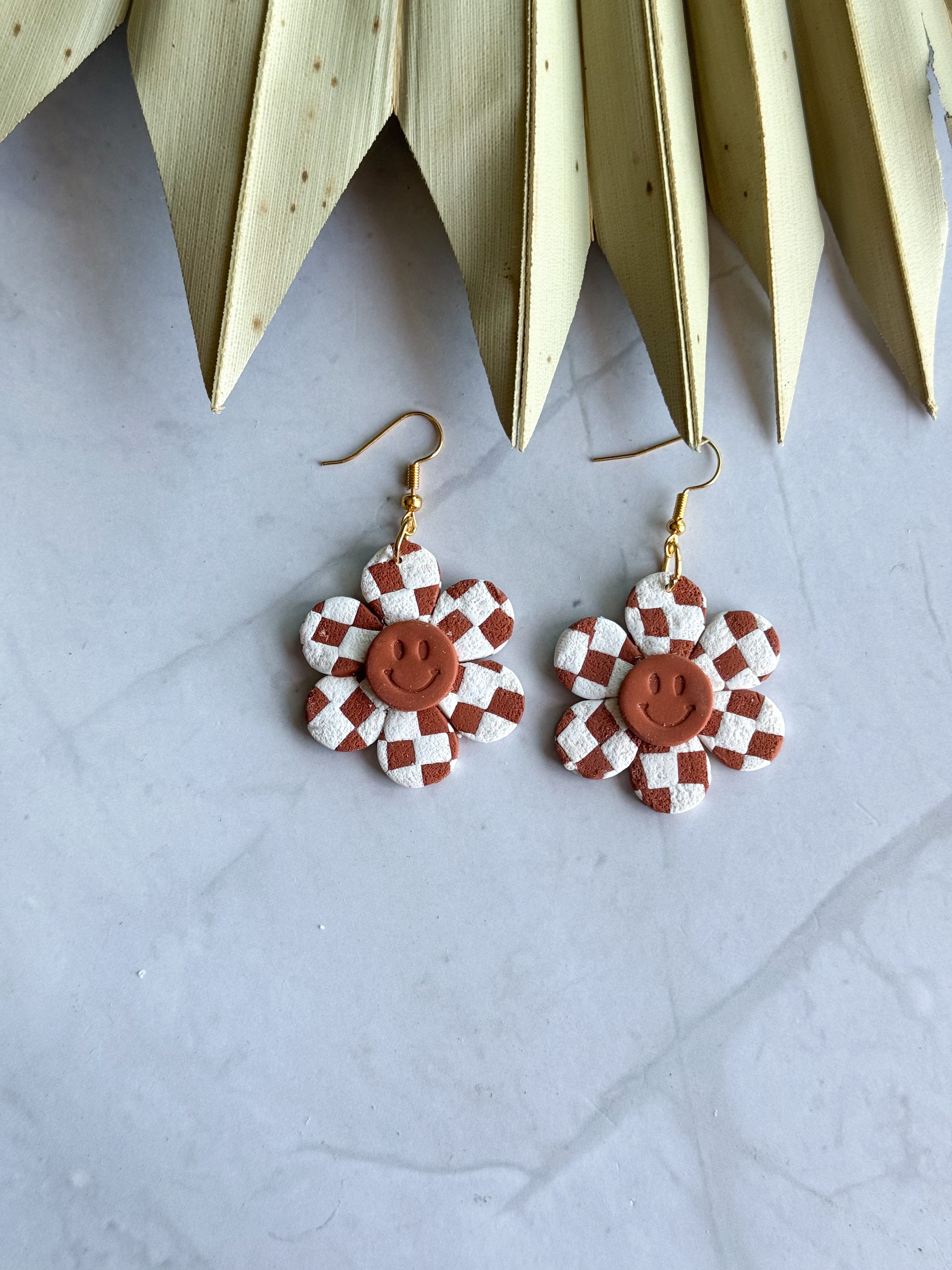 Checkered Boho flowers Clay Earrings