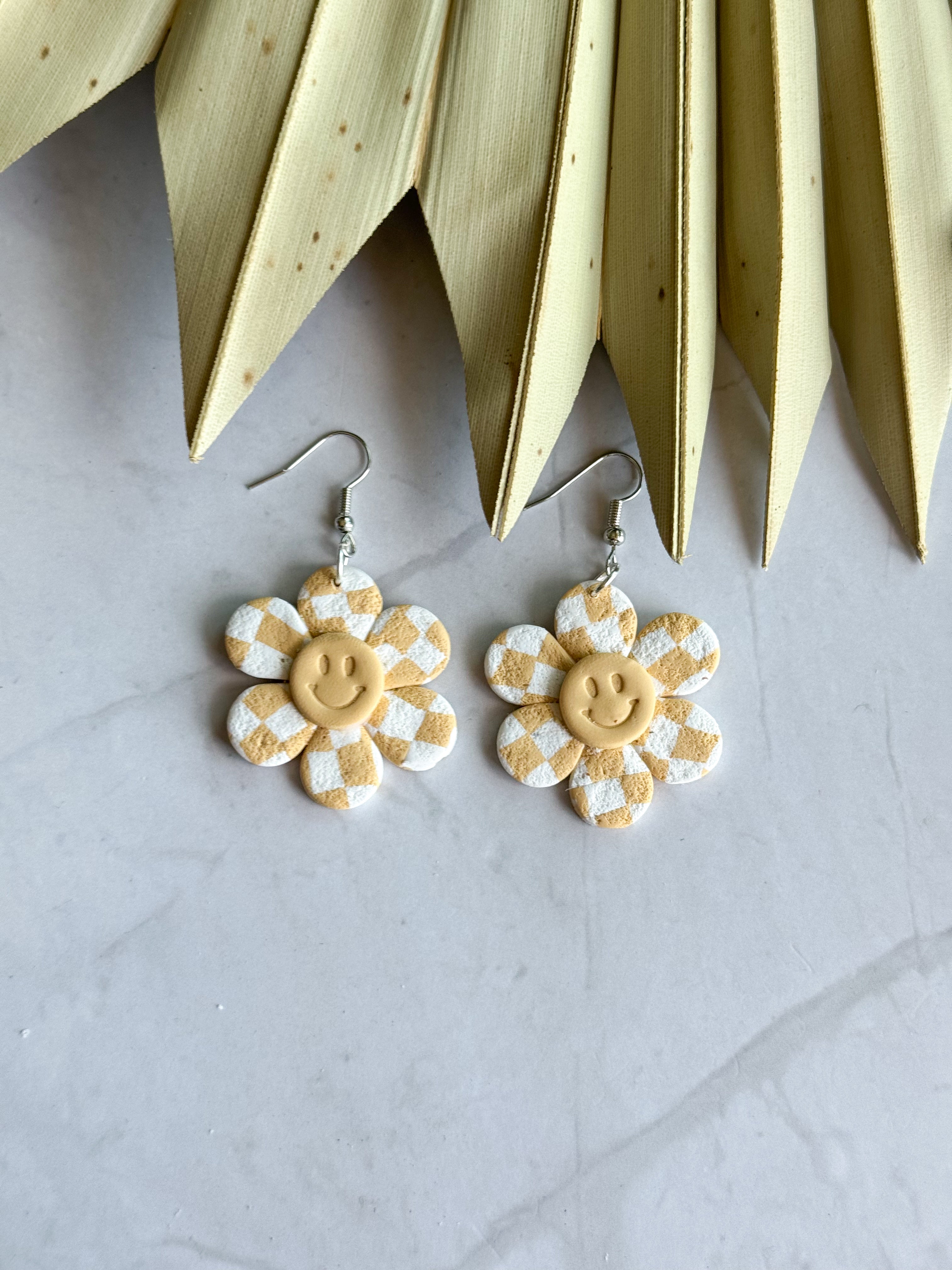 Checkered Boho flowers Clay Earrings