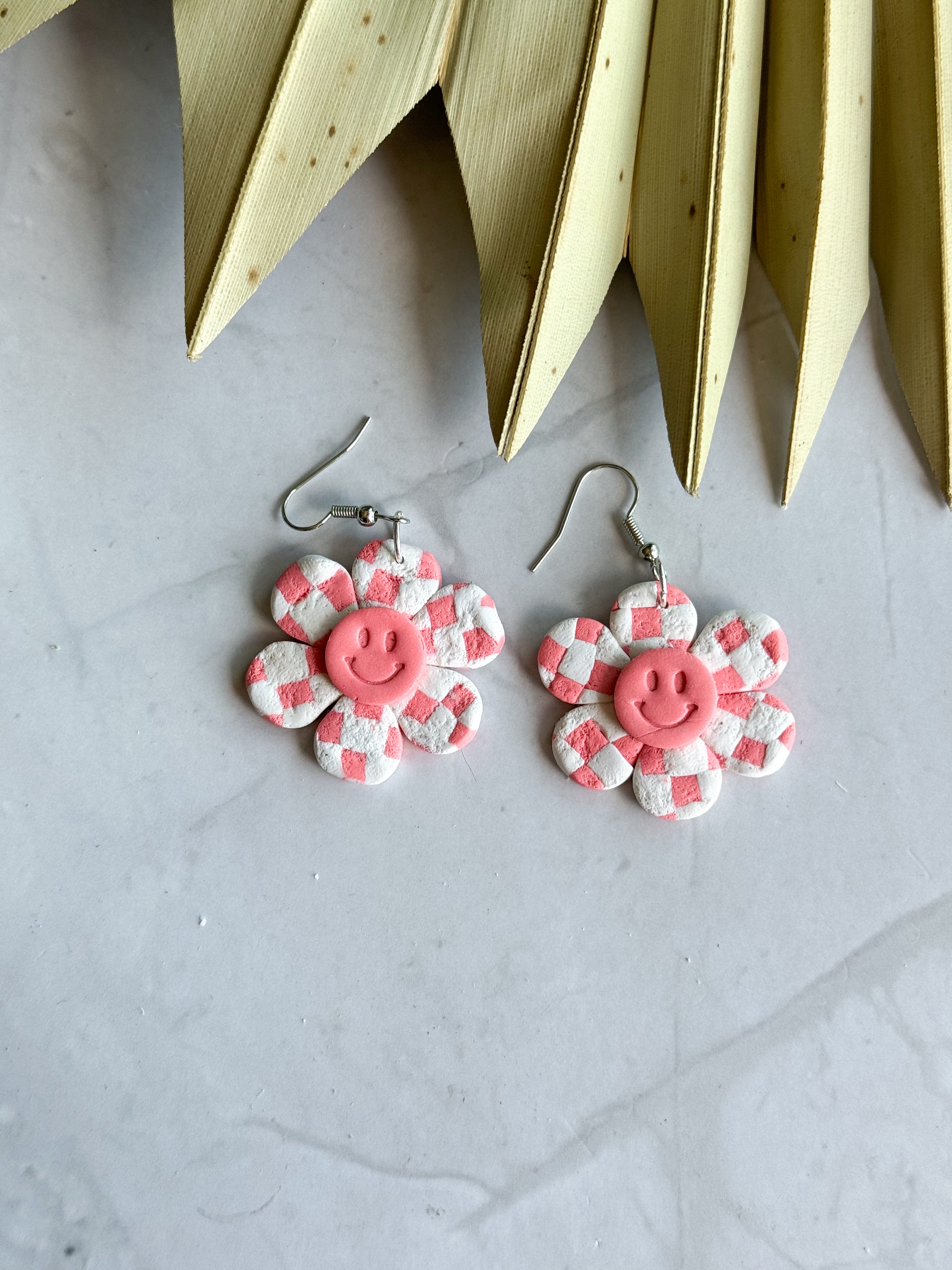 Checkered Boho flowers Clay Earrings