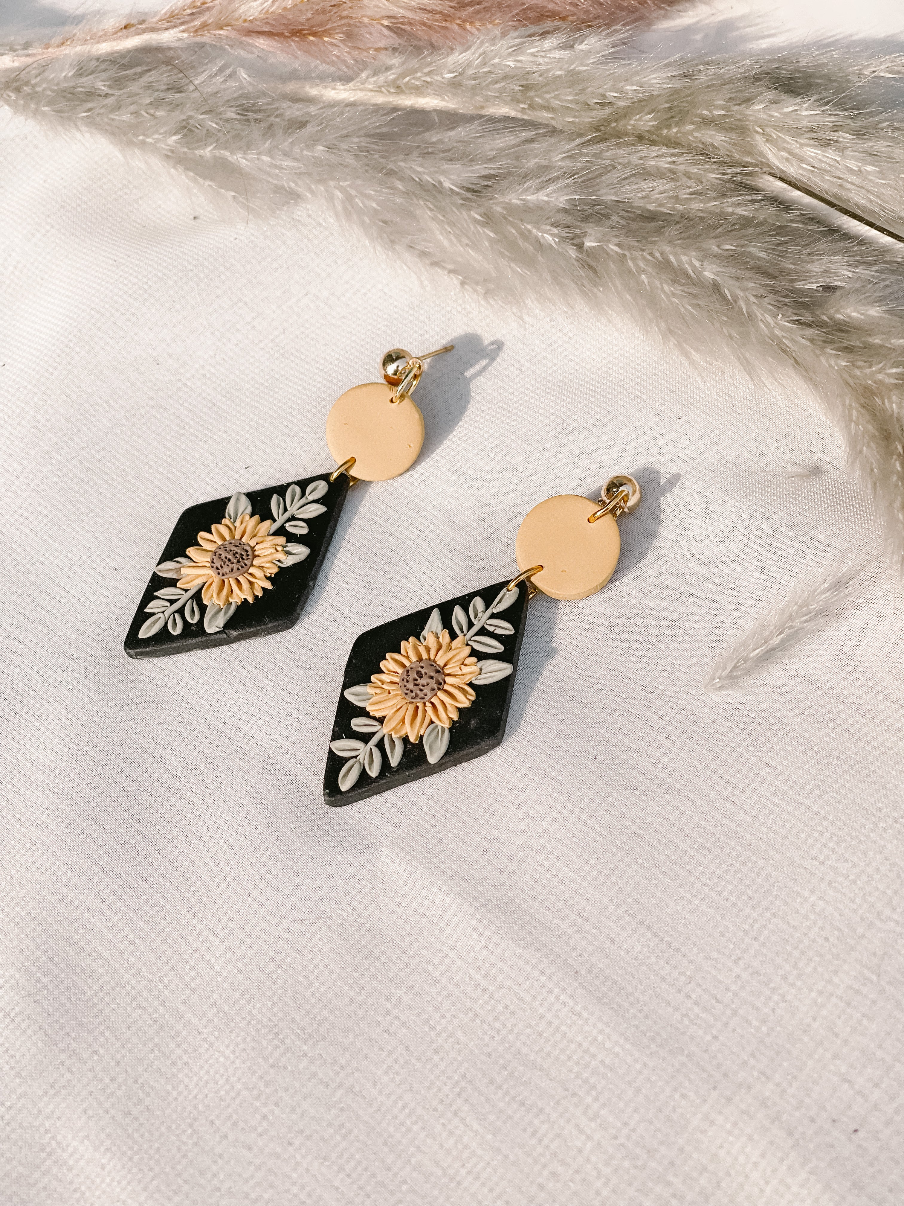 Black Diamond Sunflowers | Polymer Clay Earrings