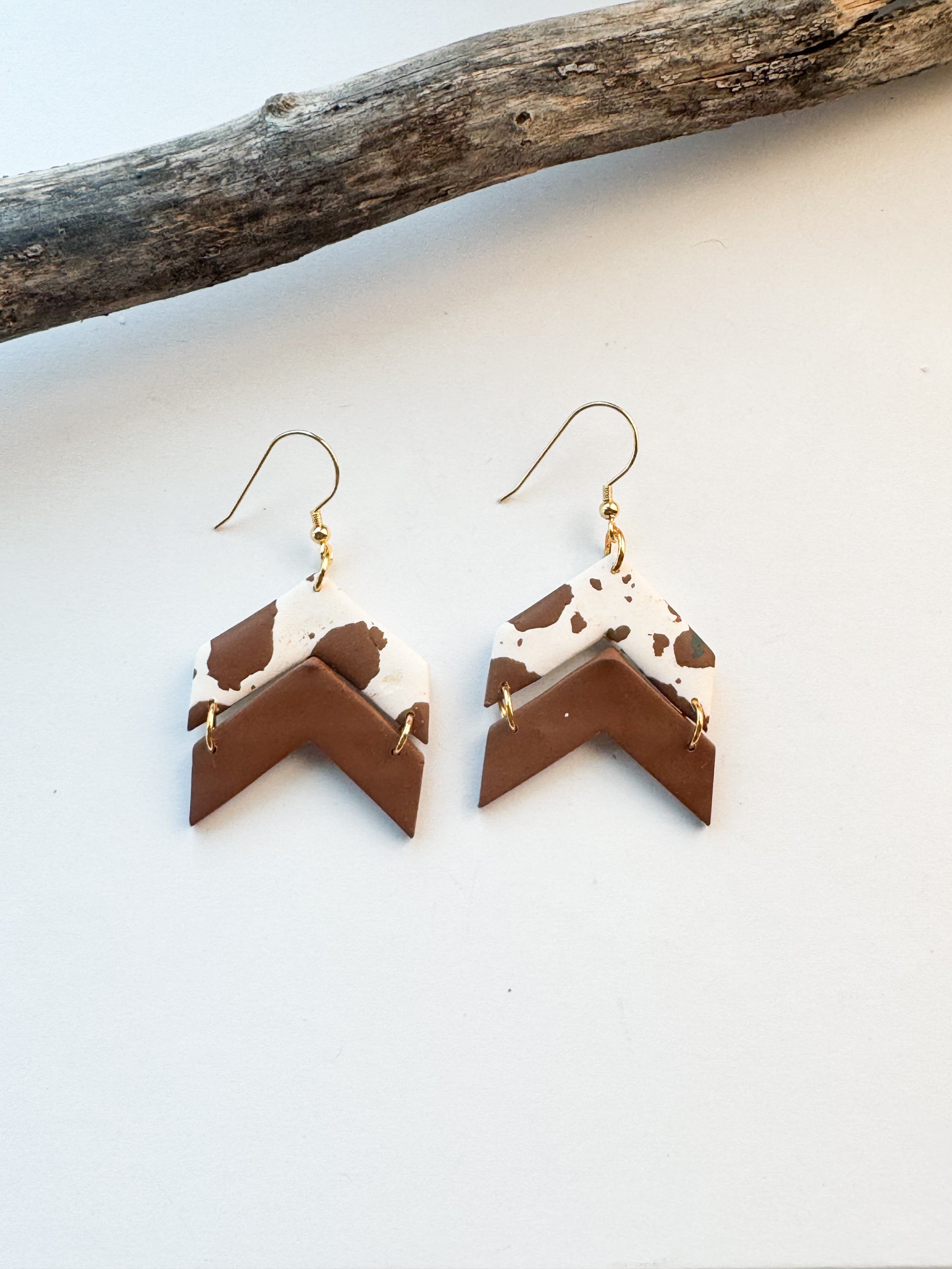 Brown and White Cow Print Chevron Earrings