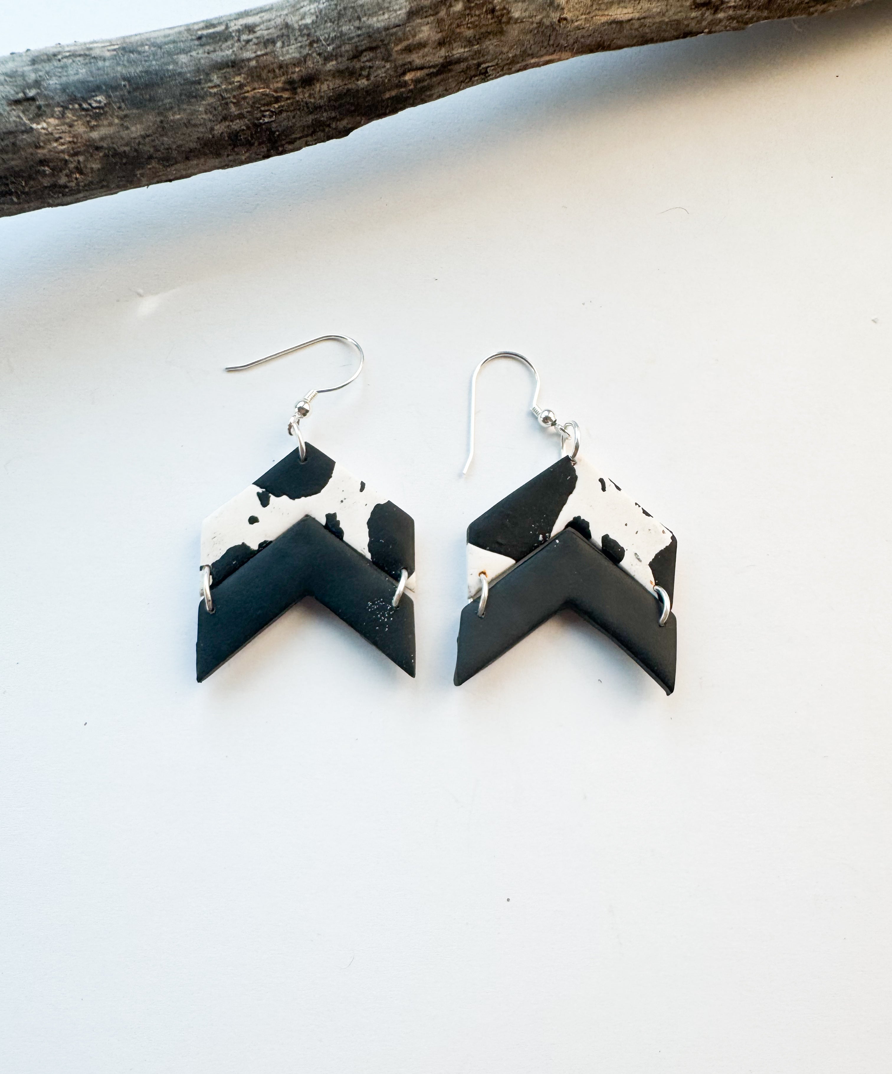 Brown and White Cow Print Chevron Earrings