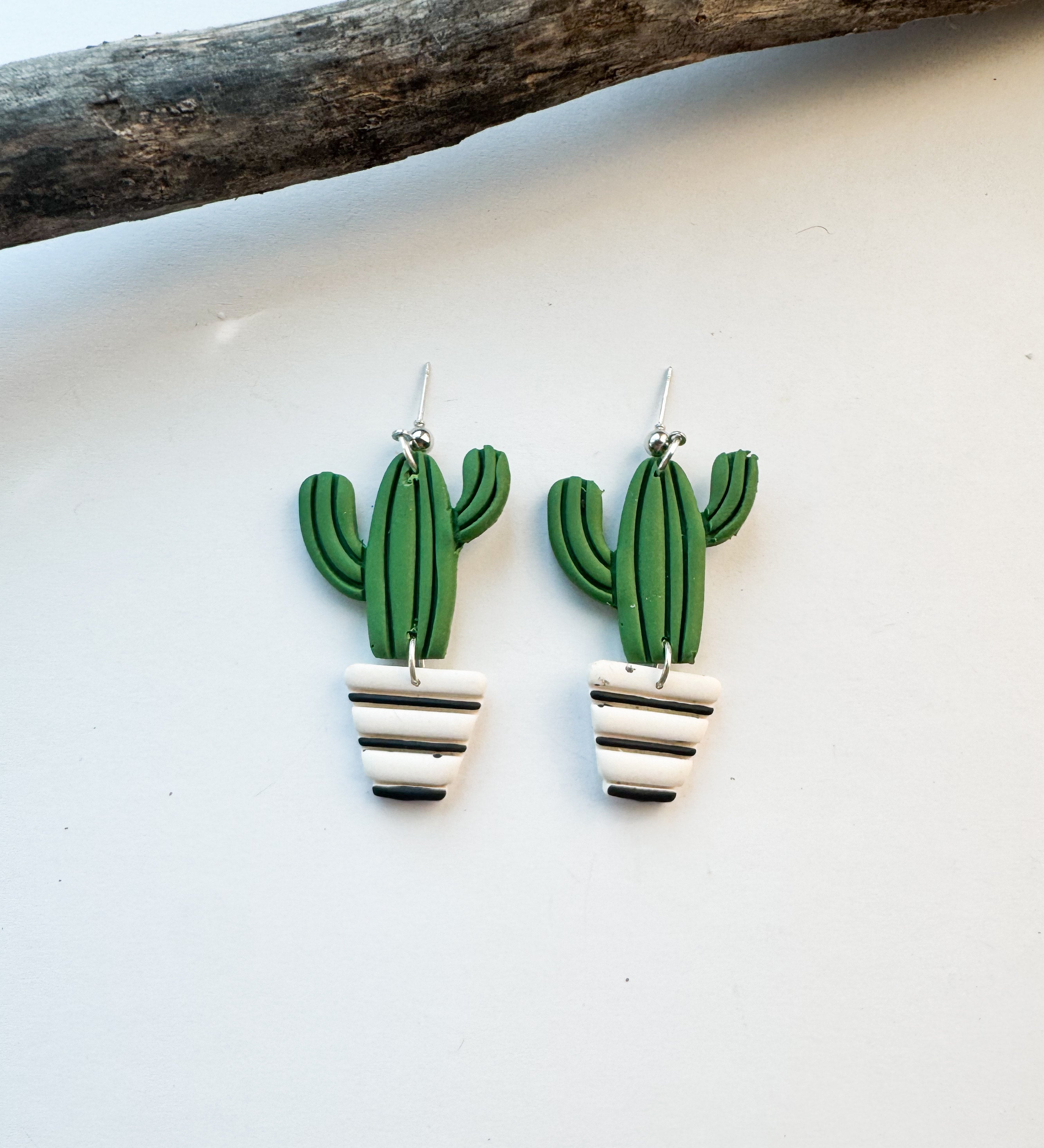Dark Green Cactus with White and Black Pot Detail Clay Earrings